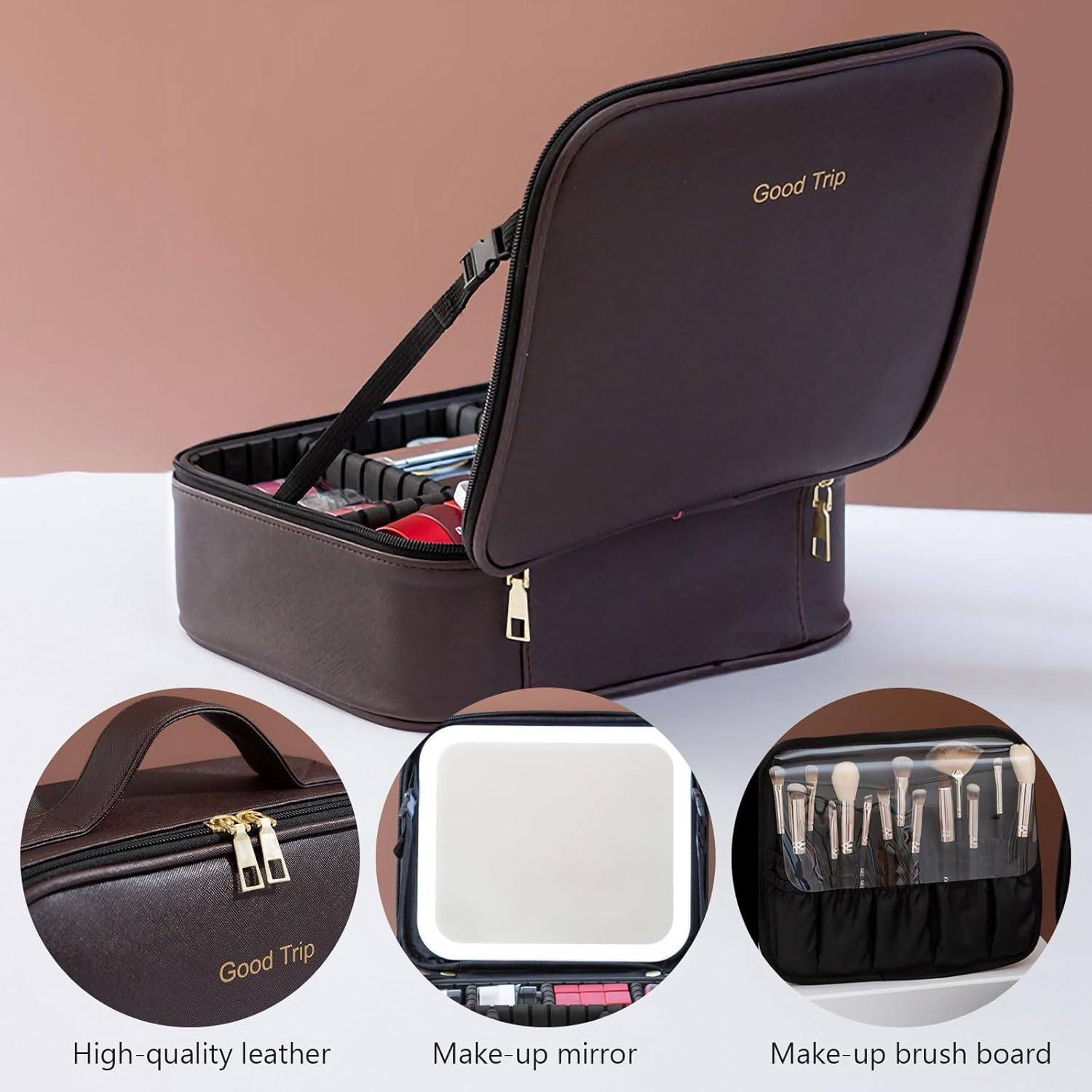 Travel Cosmetic Case with LED with Mirror 3 Color Adjustable, Waterproof Cosmetic Case Dresser Rechargeable, Travel Cosmetic Bag for Business Trip，Cosmetics Organizer. (Rose).