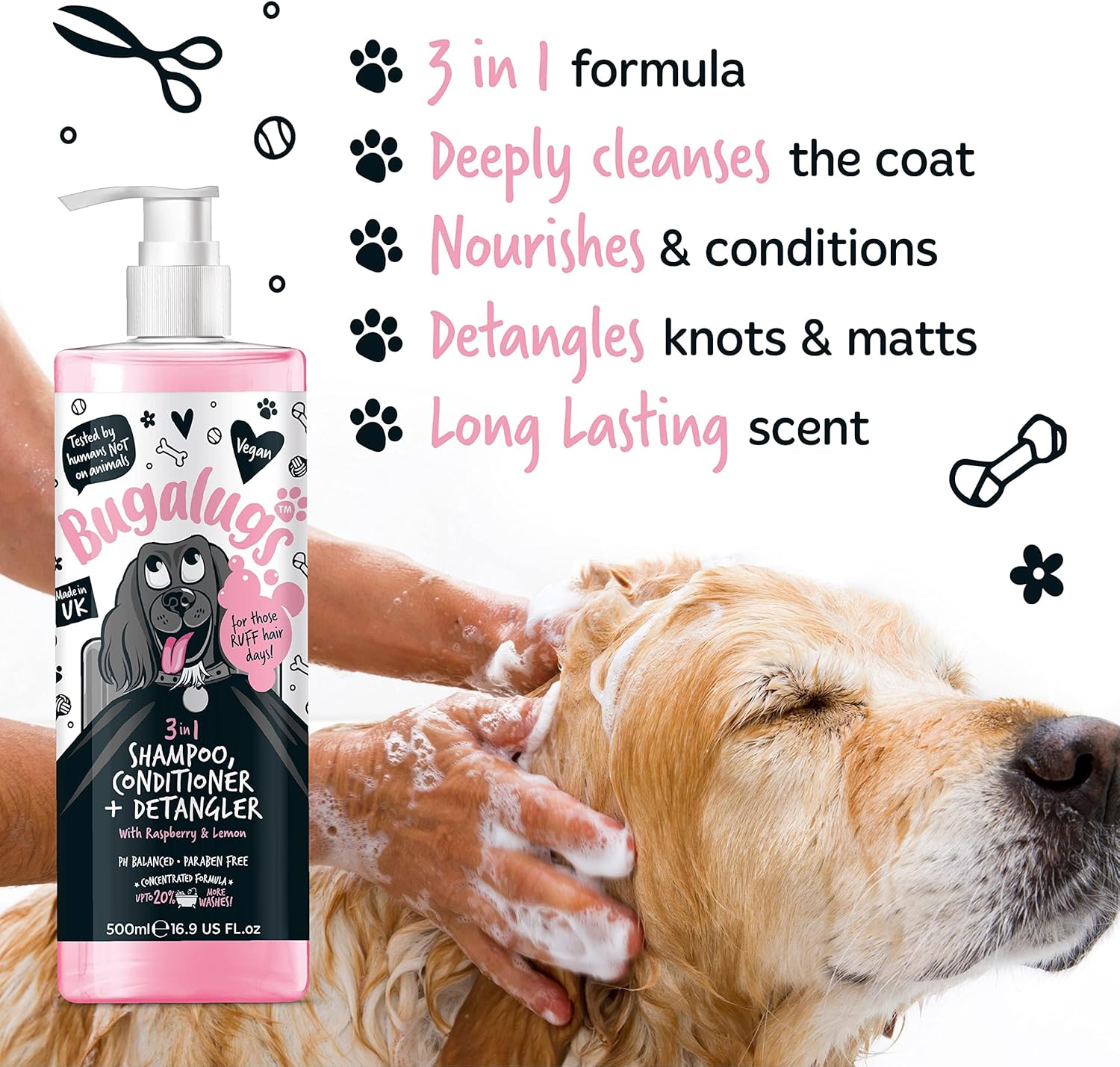 BUGALUGS Dog Shampoo 3 in 1 Shampoo, Conditioner & Detangler - Raspberry & Lemon Dog Perfume Grooming Products for Smelly Dogs, Best Dog Coat Puppy Shampoo, Pet Accessories (Shampoo 500Ml)