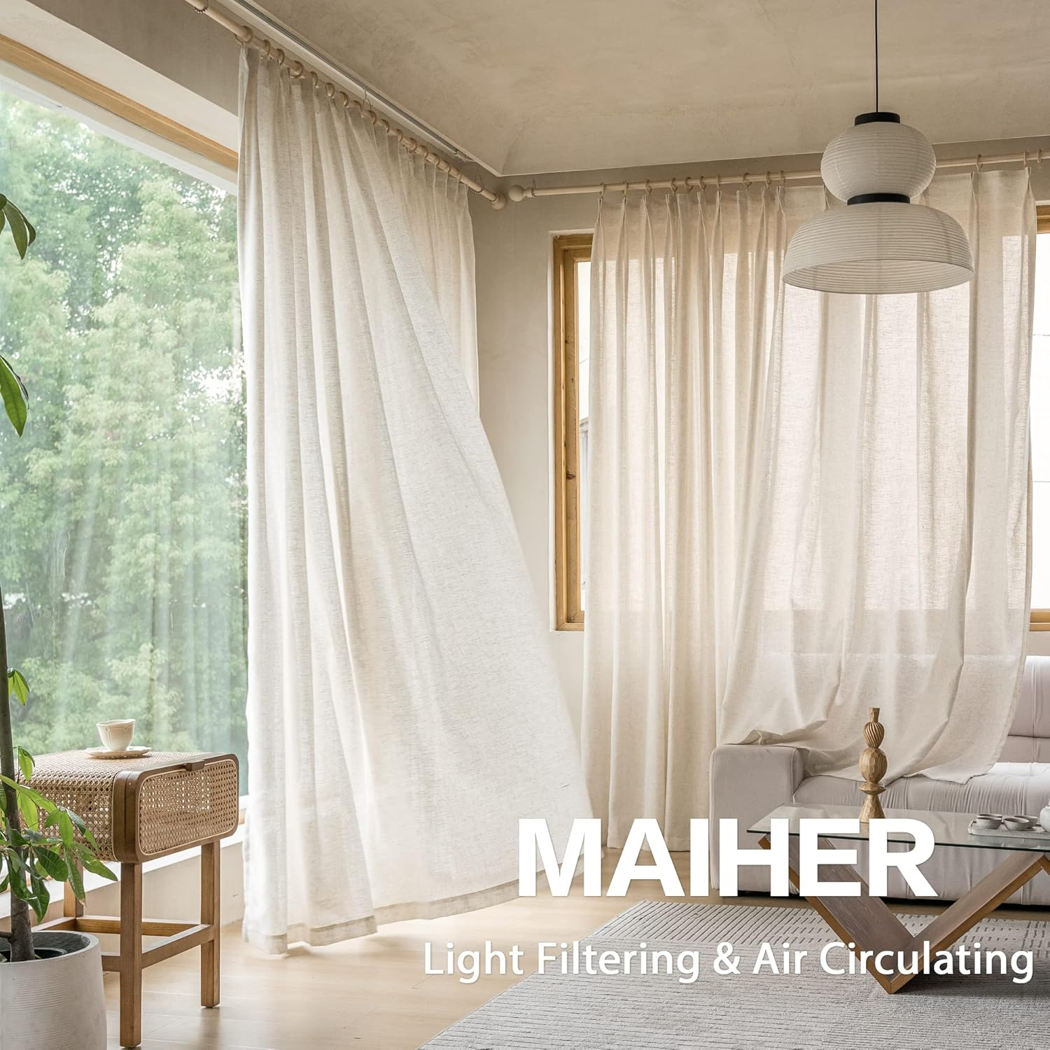 MAIHER Faux Linen Semi Sheer Pinch Pleated Drapes for Living Room, Light Filtering Pleated Curtain Panels 96 Inches Long with Hooks for Traverse Rod (Linen, 1 Panel, 72" W X 96" L) image number 4