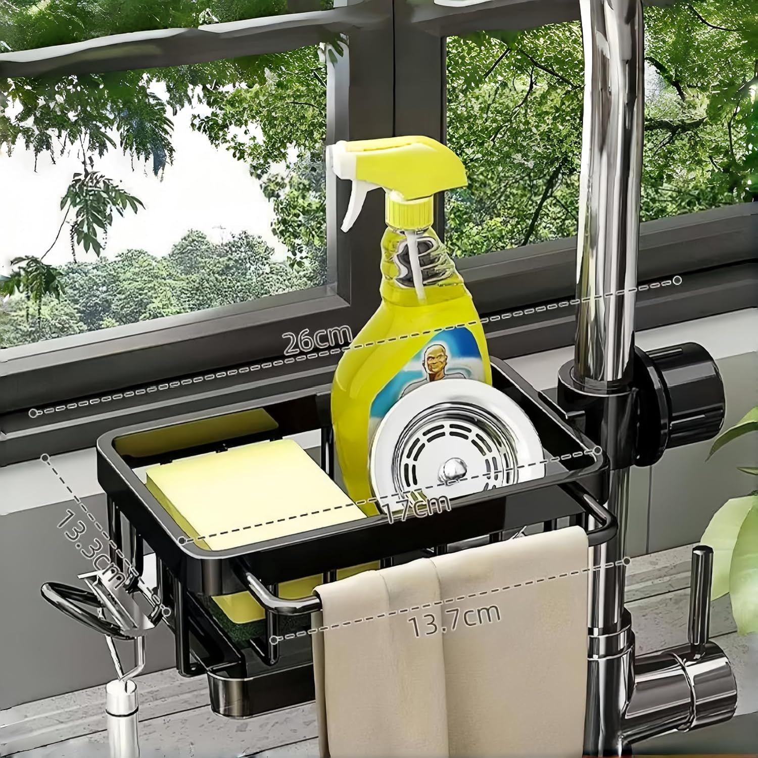 Space-Saving Adjustable over Faucet Organizer,Kitchen Sink Caddy Holder for Storage Dish Sponge,Towel,Fits 1.8-2.8Cm round Water Pipes (Secure Grip & No Drilling) image number 5