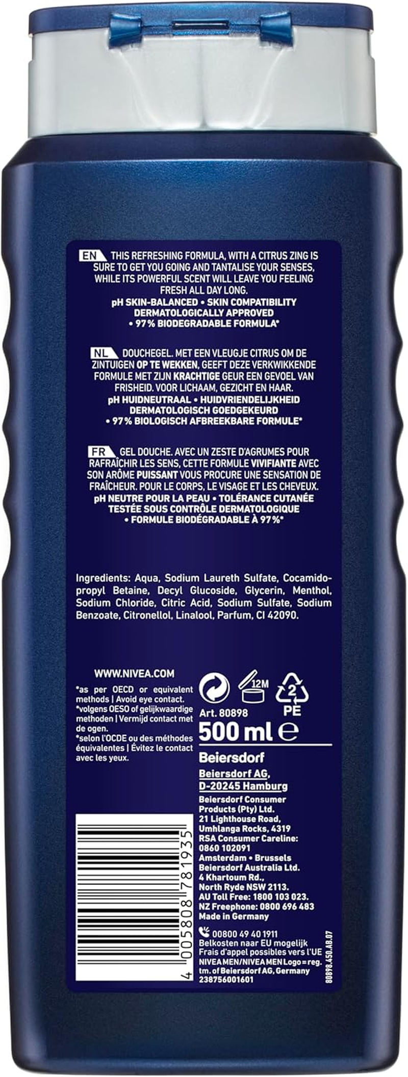 NIVEA MEN Power Fresh Shower Gel and Body Wash 500Ml | Invigorating Citrus Scent | 3-In-1 Shower Gel for Body, Face & Hair | Long-Lasting Freshness | Moisturising Body Wash for Men