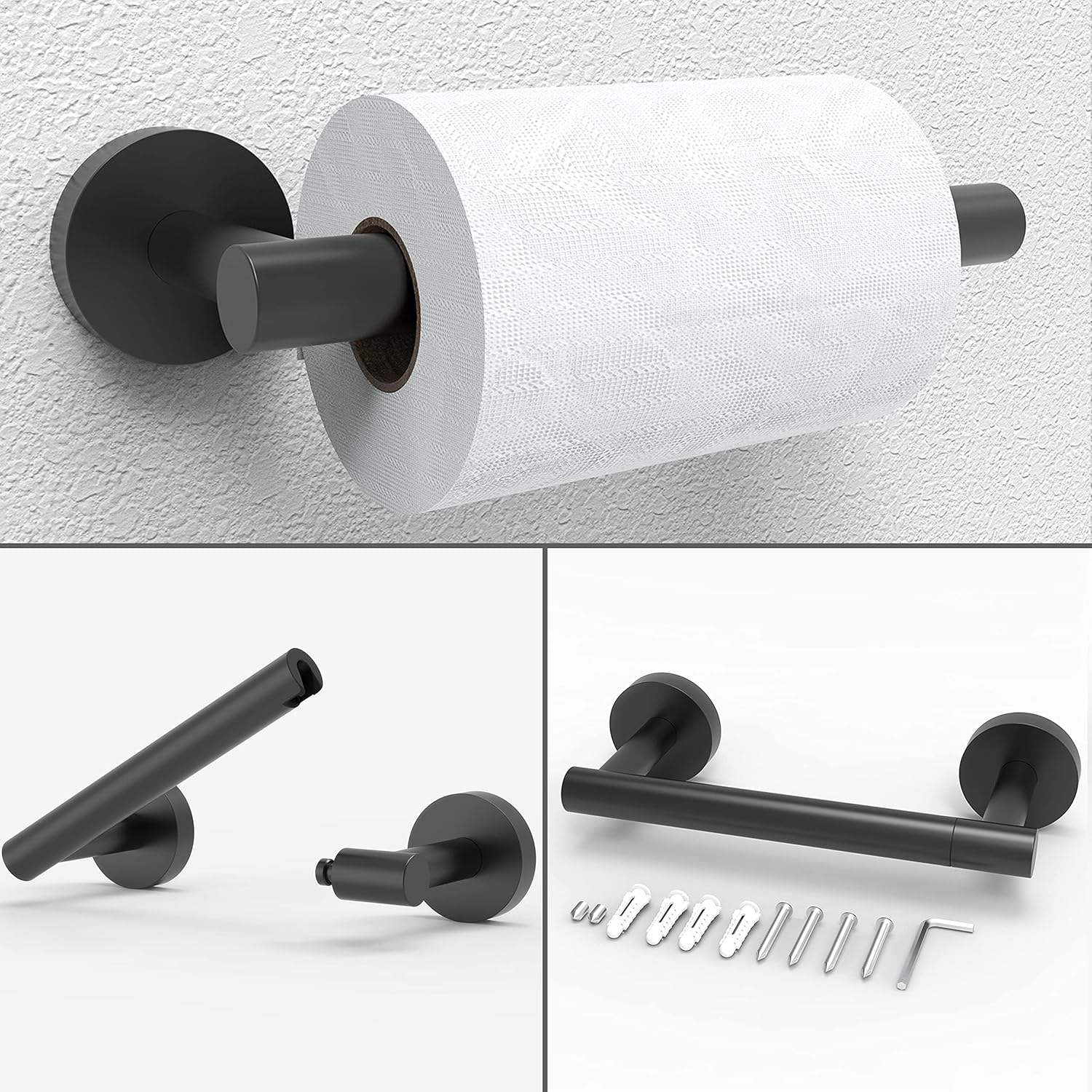 RARXTR Matte Black Toilet Paper Holder & Towel Ring SUS304 Stainless Steel 2Pc Bathroom Hardware Set with Double Post Pivoting Toilet Paper Roll Holder Wall Mount & Bathroom Towel Holder Set