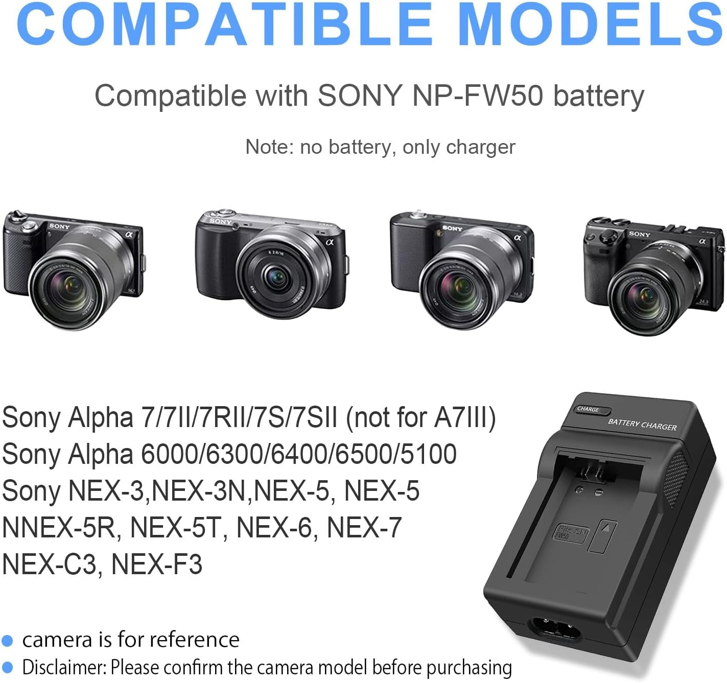 NP-FW50 Battery Charger Set Compatible with Sony Alpha A6500 A6400 A6300 A6000 A7, A7II, A7R, A7RII, A7S, A7SII, A7S2 NEX-3/5/7 Series Camera image number 5
