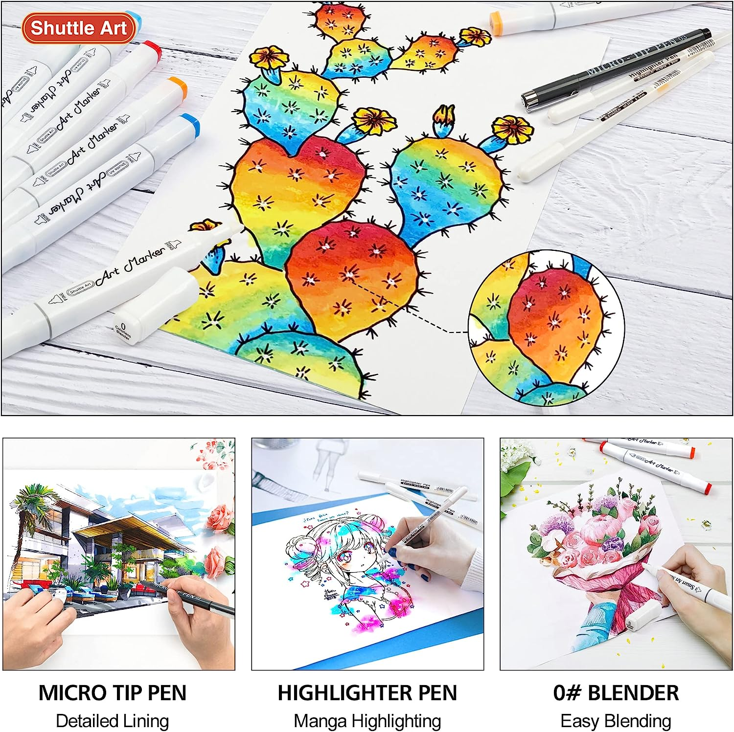 Shuttle Art 280 Colours Alcohol Based Art Markers, 279 Colours Dual Tip Art Pens plus Colourless Blender, Micro-Tip Pens, White Highlighter Pens, Marker Bag with Holders for Adult Colouring image number 3