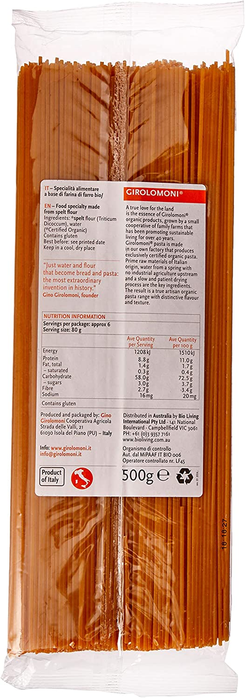 Girolomoni Organic Spelt Flour Spaghetti, 500G image number 2