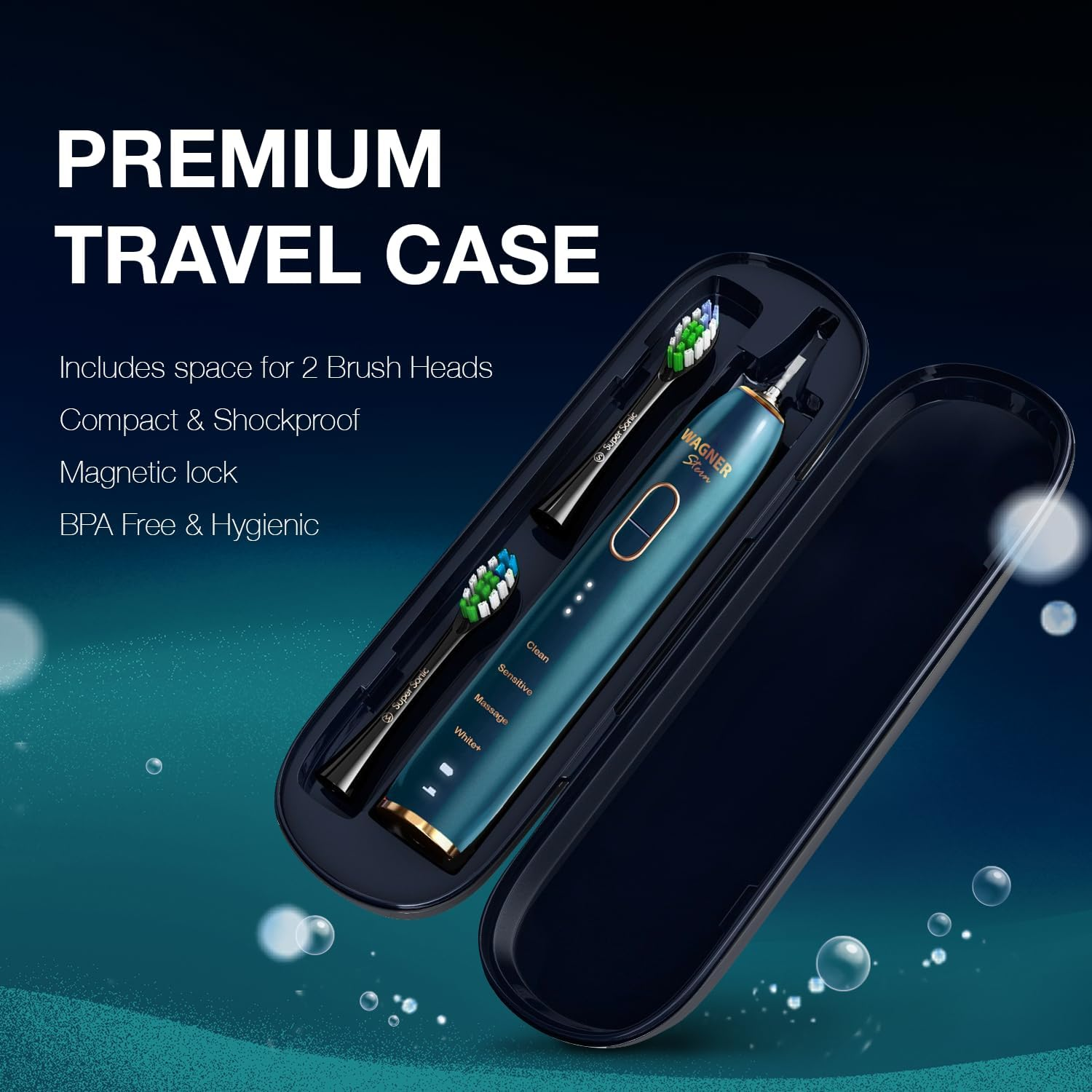 Wagner Stern Intellibrush Series Whitening Electric Toothbrush with Pressure Sensor. Offers 4 Brushing Modes, 3 Intensities, 8 Soft Brush Heads, and a Luxury Travel Case.