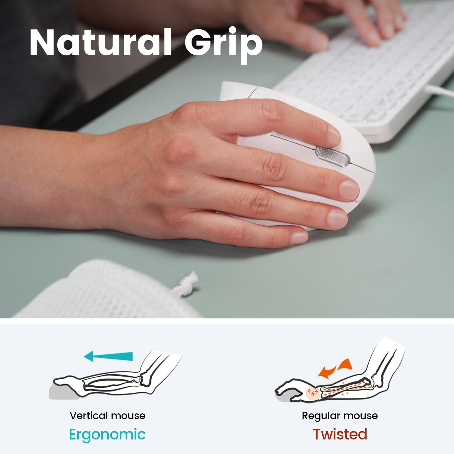 Perixx PERIMICE-813W Bluetooth Vertical Mouse - Wireless 3-In-1 Multi-Device Spec - Ergonomic Right-Handed Design - White image number 4