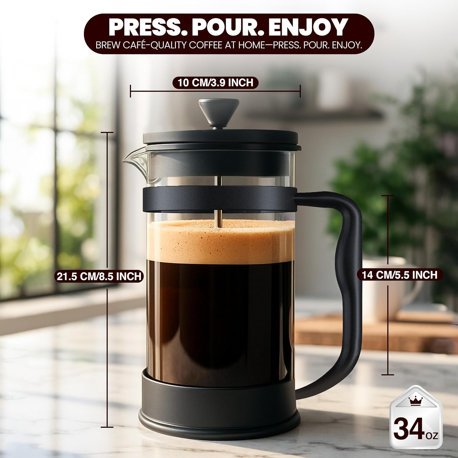 Utopia Kitchen - French Press Coffee Maker, Espresso Tea and Coffee Maker with Triple Filters 34 Ounce, Stainless Steel Plunger and Heat Resistant Borosilicate Glass - Black image number 5