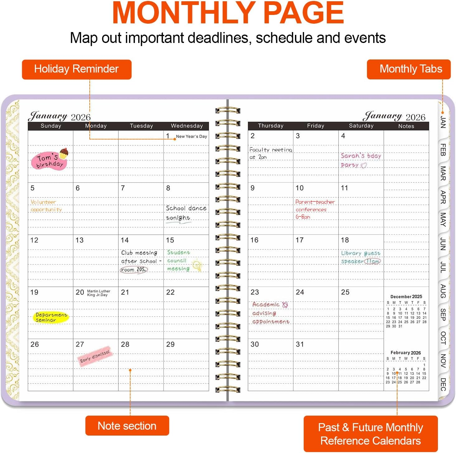 2026 Planner and Diary with Sticker - COZY CORE Weekly and Monthly Planner Spiral Bound, January 2026 - December 2026, Hardcover Planner with Monthly Tabs, Inner Pocket, Perfect for School Home Office - Navy Blue image number 6