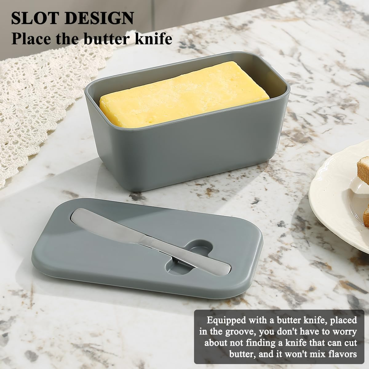 Butter Dish with Lid for Countertop and Refrigerator Door Shelf, Reanea Plastic Butter Holder Tray Container with Butter Knife, Easy Scoop Dishwasher Safe image number 2