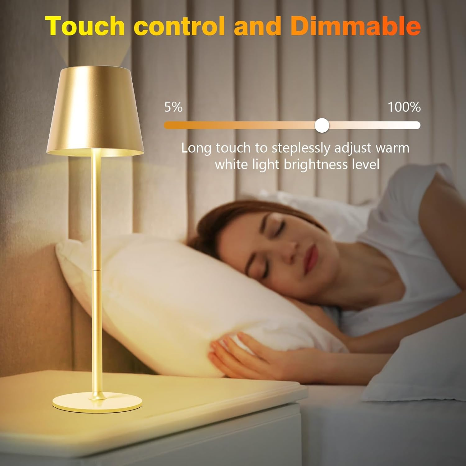 LED Table Lamp, Dimmable LED Battery Table Lamp Wireless, with 6000 Mah Battery, Rechargeable Table Lamp with USB, 3 Light Modes for Bedroom, Living Room, Dining Room, Bar, Gold, Large