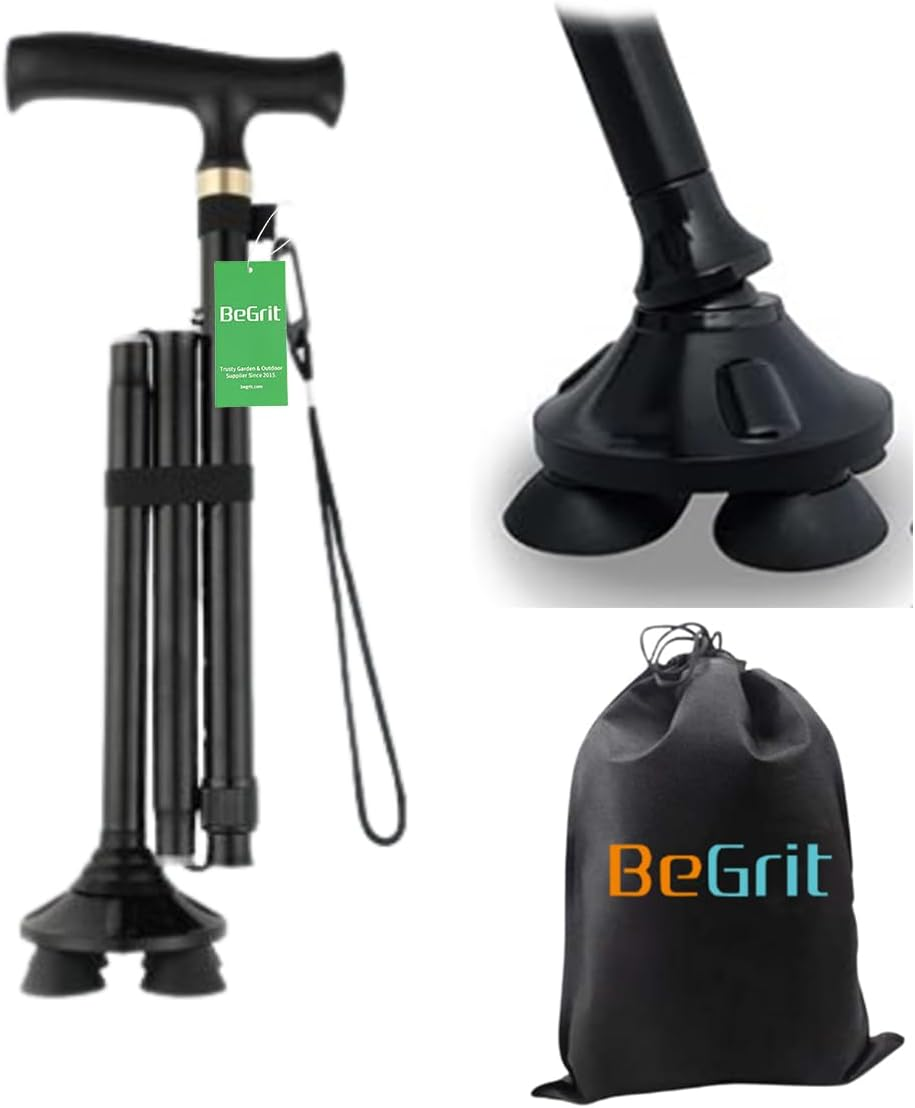 Begrit Adjustable Walking Stick Aluminum Folding Canes with Ergonomic Grip Carry Bag Free Standing Metal Collapsible Durable Walking Aid for Women Men Ladies Disabled