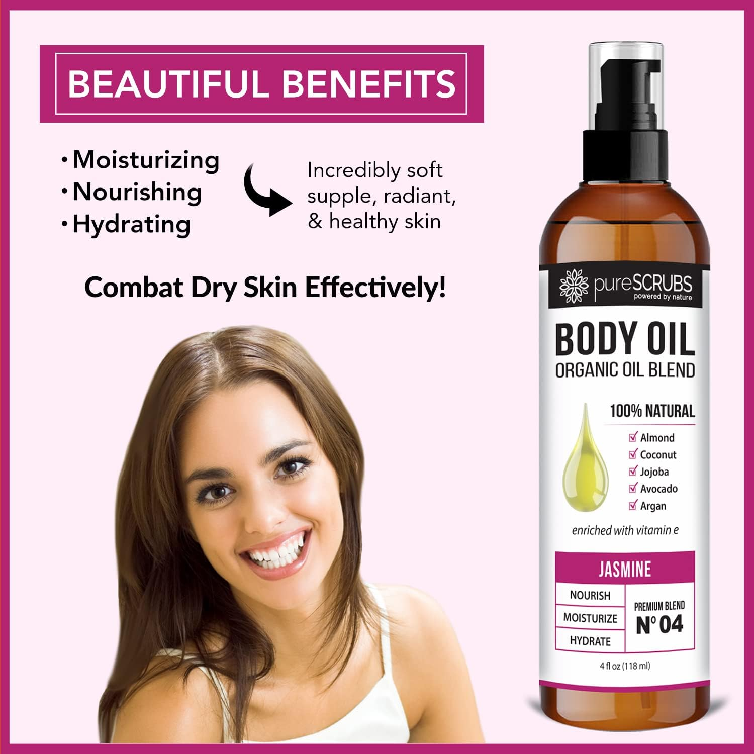 Purescrubs Ultra Moisturizing Jasmine Body Oil Spray for Dry Skin, Massage, Cuticles & More - Organic Super Blend of Jojoba, Argan, Coconut, Sweet Almond & Avocado Enriched with Vitamin E, Lg 4Oz image number 5
