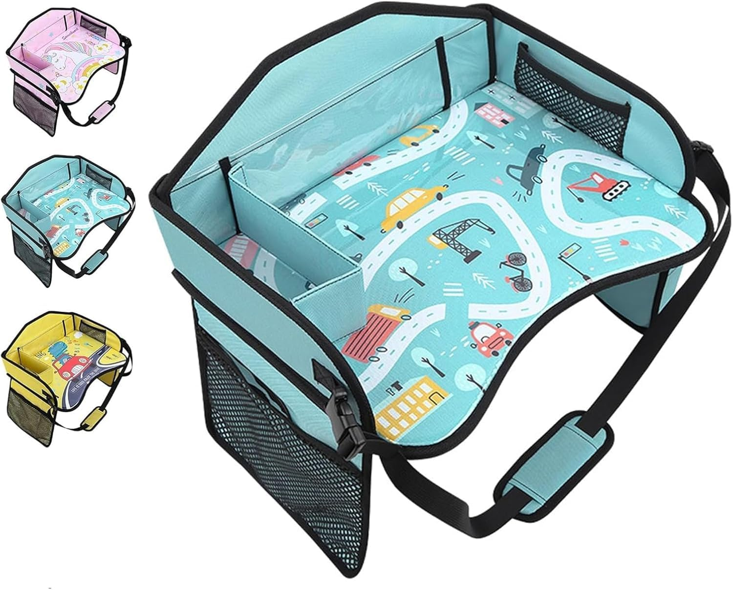 Cyanmor Kids Car Storage Travel Tray, Toddler Car Seat Tray Play Table Rack, Portable Multi-Functional Back Seat Accessory for Kids Traveling (Blue)