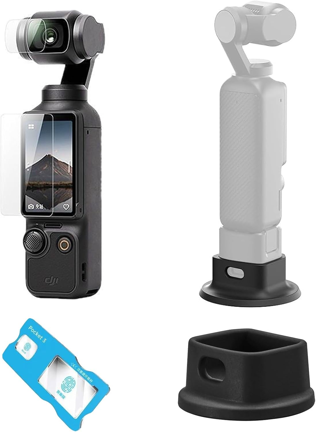 Bokmaton Mountain Stand Silicone Base Holder with Charge Hole + 1 Set Tempered Glass LCD Display Film Lens Protector for Osmo Pocket 3, Accessories for DJI image number 5