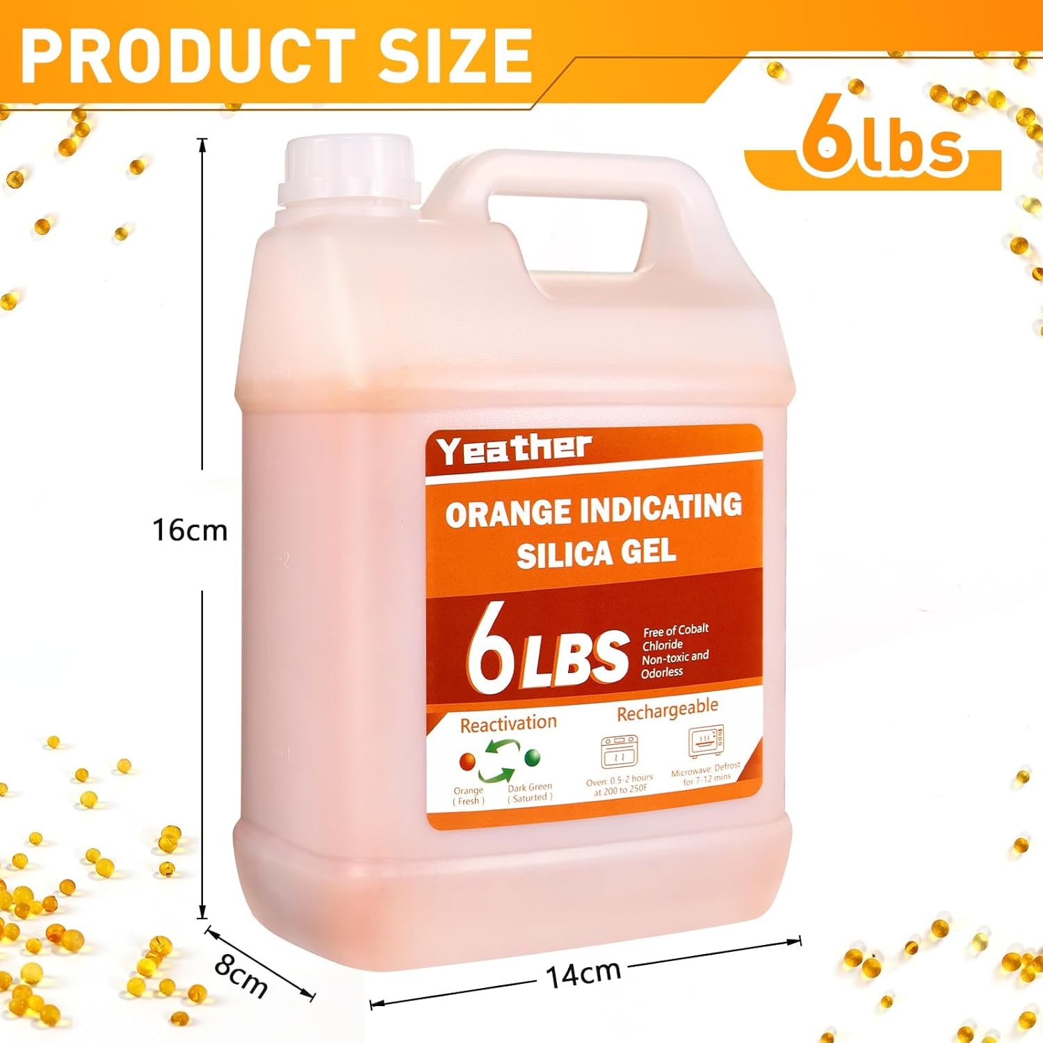 Yeather 6 LBS Silica Gel Beads Easy to Reactivate, Large Capacity - Moisture Indicating Desiccant Ideal for 3D Printer, Air Compressor, Filament Storage (Industry Standard 2-4 Mm)