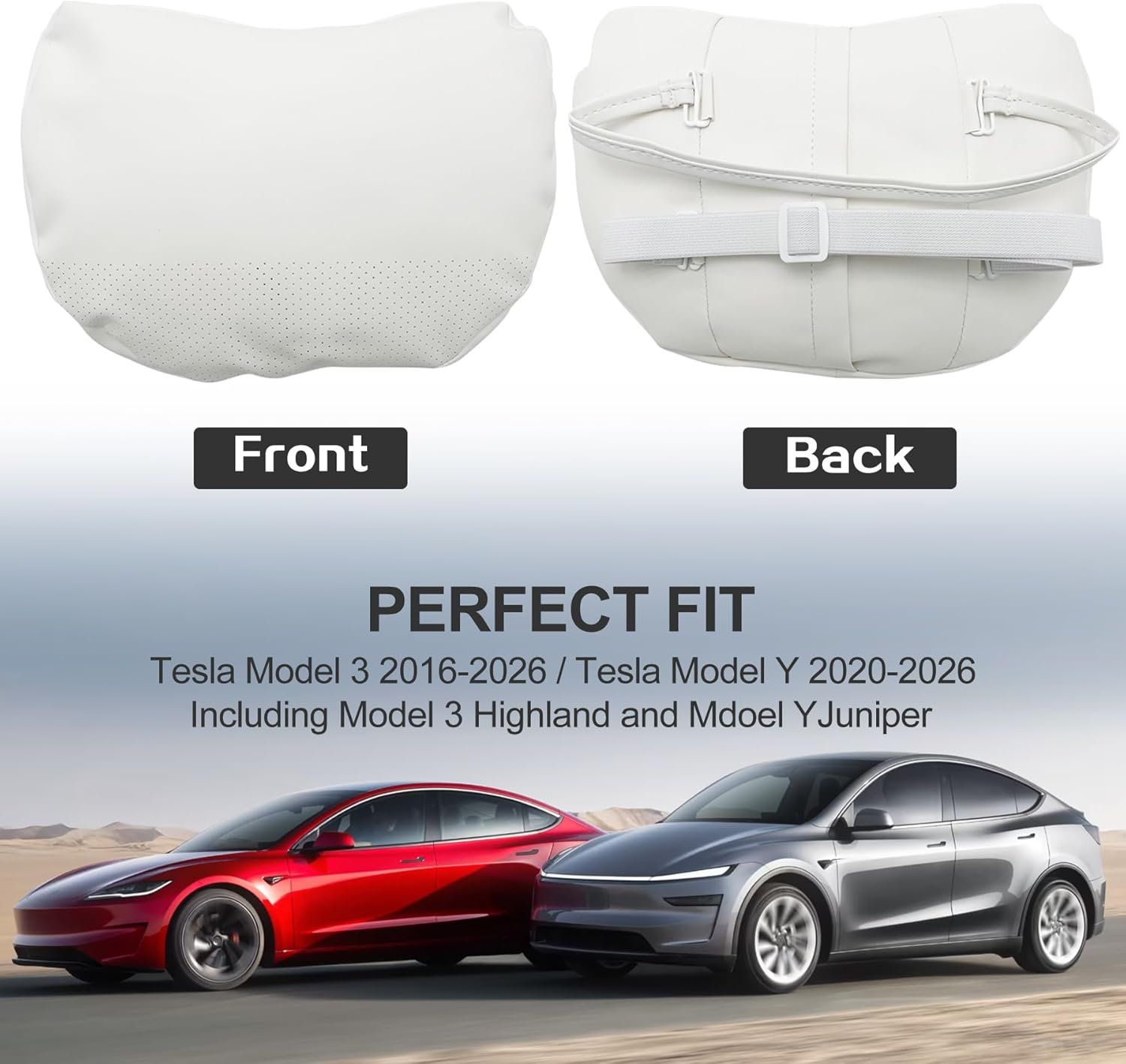 Car Headrest Neck Pillow for Tesla Model Y Juniper & Model 3 Highland, 2 Pack Nappa Leather Neck Support Cushion Fatigue Relief Seat Pillow Uniquely Designed for Tesla Model Y/3/S/X (White) image number 3