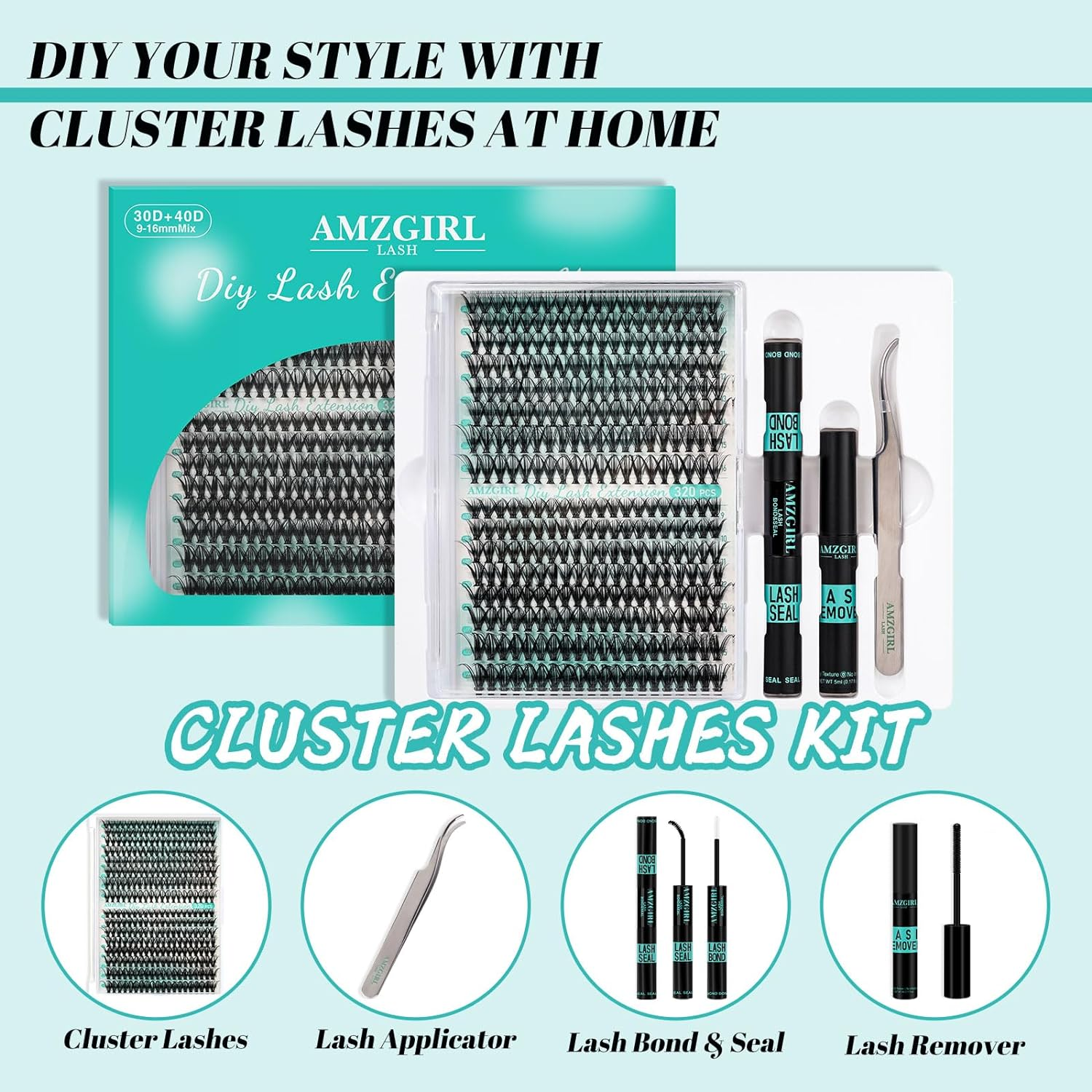 Lash Extension Kit 320Pcs,Diy Individual Lashes Clusters Kit,Lash Bond and Seal,Lash Remover for Eyelashes Extensions,Lash Applicator Tool for False Eyelash Cluster Kit at Home(3040D,D-Mix9-16Mm Kit) image number 6