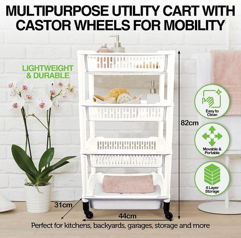 Layer 4 Tier Storage Cart Multi-Purpose Portable Lightweight Durable White 82Cm