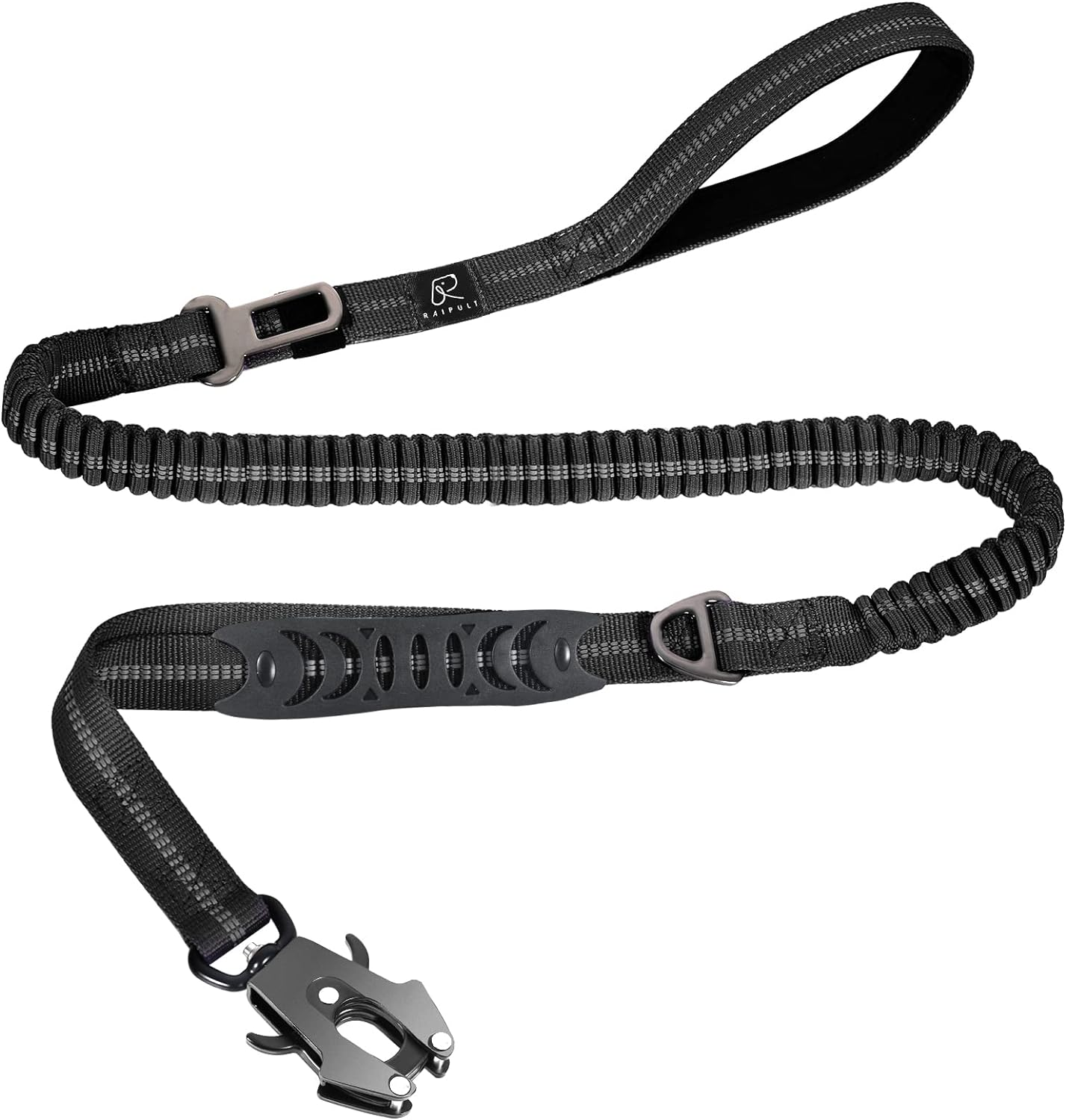 Raipult Tactical Heavy Duty Bungee Dog Leash for Medium Large Dogs That Pull, Military K9 Working Lead, 4-6FT Shock Absorbing Frog Clip Dog Leashes with Padded Traffic Handle & Car Seatbelt, Black