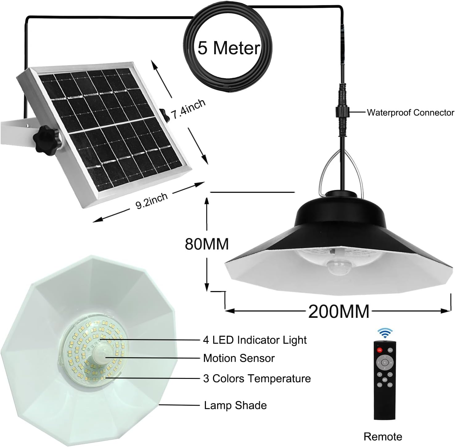 Solar Pendant Lights with Dual Lamp Outdoor Indoor, Motion Sensor Solar Shed Light Daytime Working 3 Colors Solar Powered Security Light with Remote for Gazebo Backyard Home Barn Shed Tent image number 5
