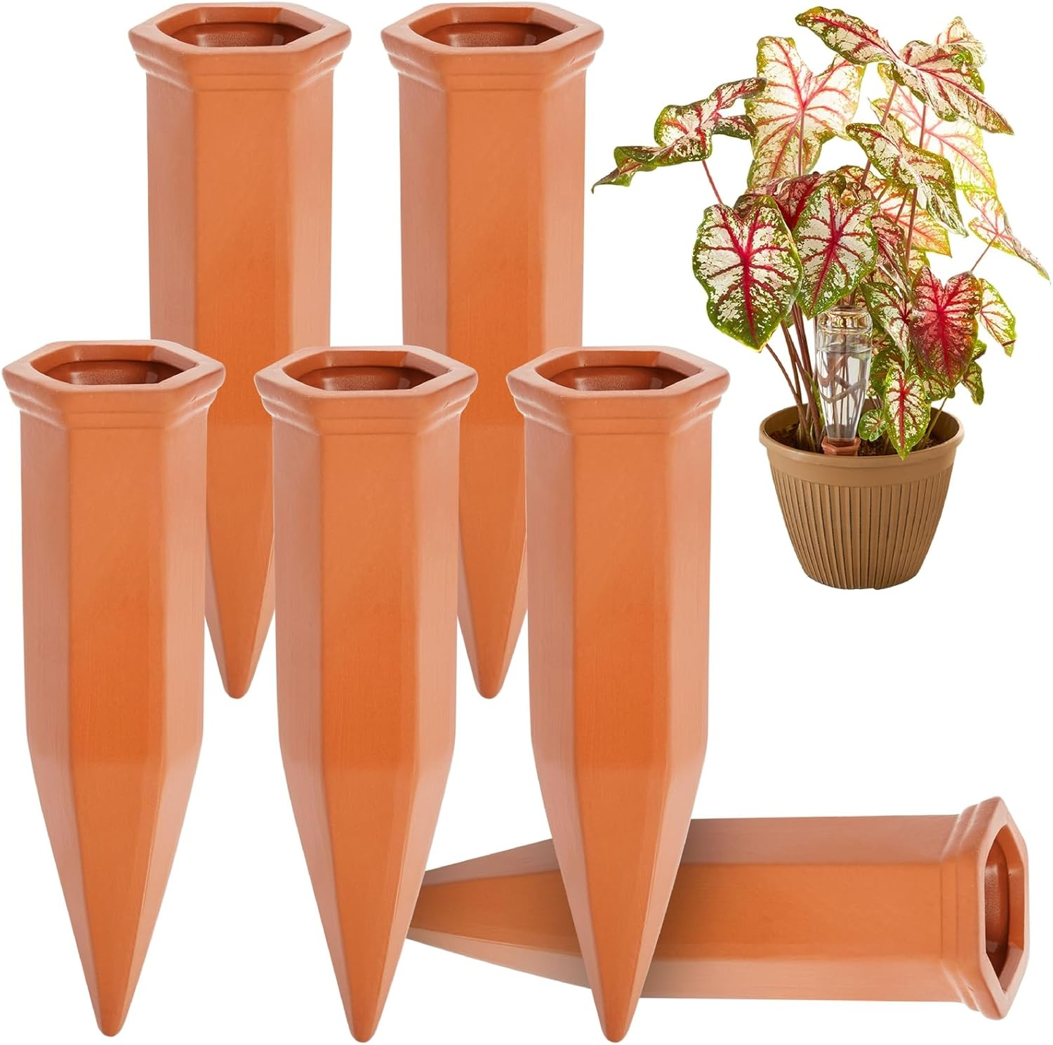Juvale Self Watering Spikes - 6-Pack Terracotta Plant Watering Stakes, Automatic Slow Release Water Drippers for Indoor Outdoor Garden, Vacation Irrigation Device, Brown, 6.9 Inches Tall image number 3