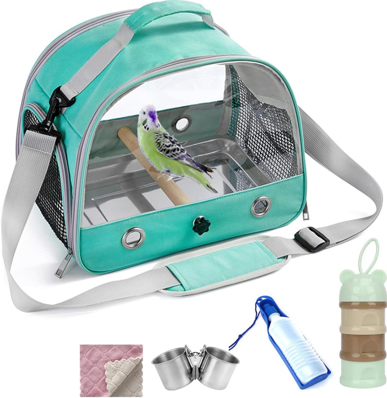 Bird Carrier Travel Cage with Stand (With Tray), Small Bird Travel Carrier for Parrot with Perch, Small Pet Cage for Transport - Parakeet Holder Bag with Strap, Side Access Window (Blue)