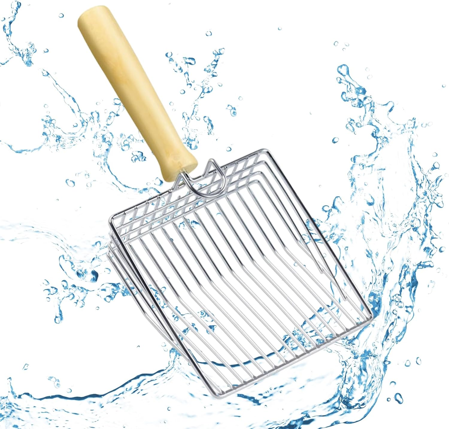 Polished Smooth Stainless Steel Durable Wooden Handle Cat Litter Scoop 7Mm Gaps Metal Garbage Shovel image number 3