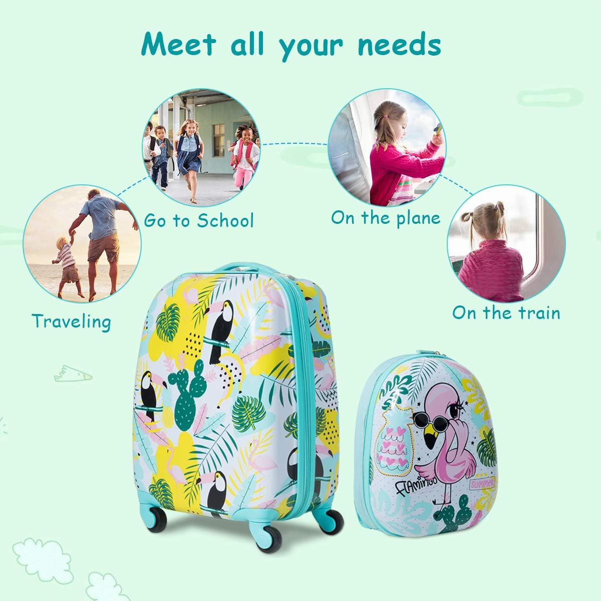 2PCS Kids Luggage Set Carry on with Spinner Wheels & Cute Flamingo Pattern, Adjustable Trolley Rod Height & Backpack Shoulder Strap, Kids Luggage Set Made of ABS, Polycarbonate & Nylon Material image number 2