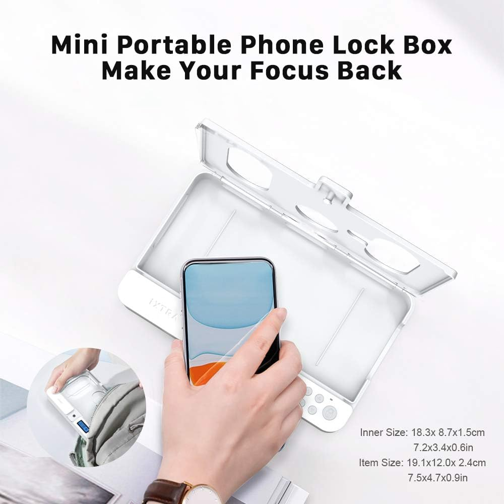 Ixtra Cell Phone Timer Lock Box for Android Samsung/Google/Iphone, Portable Self-Control Phone Timer Locker Smart Cell Phone Jail Lock Box with Timer for Kids Students Adults, White Cover