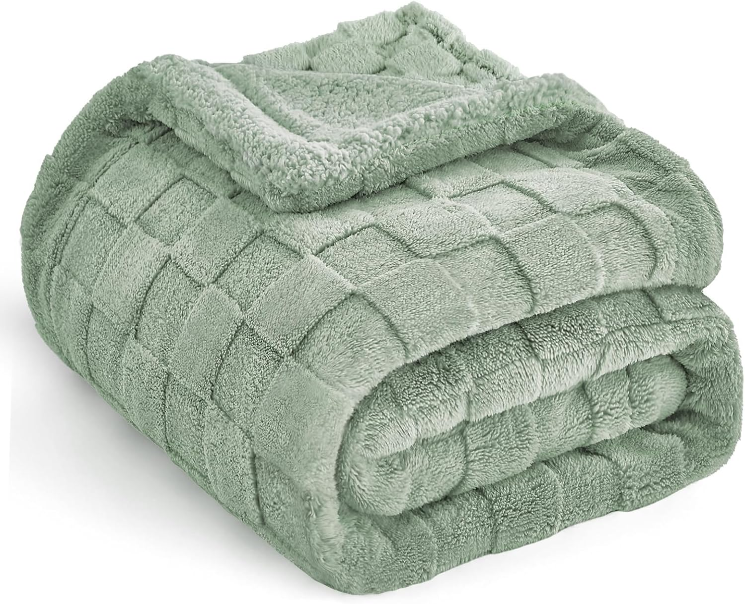 Fleece Throw Blanket for Sofa - Soft Checkered Single Blankets for Women, Fluffy Cosy Warm Blanket for Bed (Sage Green, Queen)