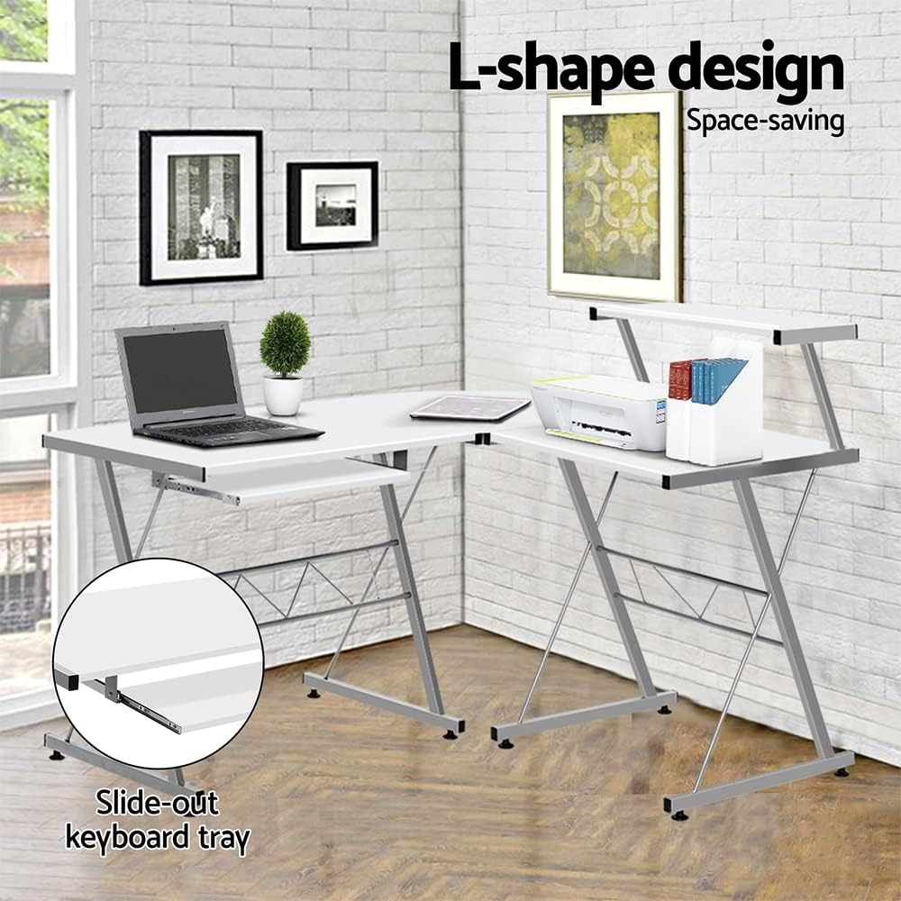 Office Computer Desk Corner Table Metal Pull-Out Keyboard Tray Top Shelf White Home Office Study Student image number 1