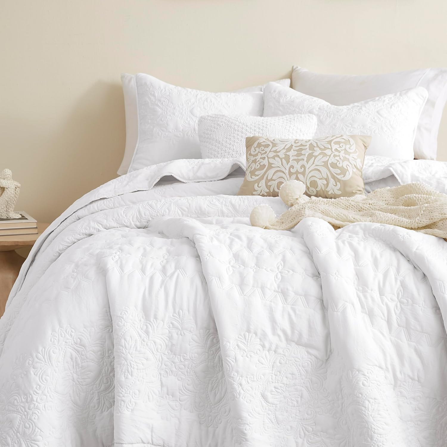 Boho White Quilt California Cal King Size Bedding Set with Pillow Sham, Oversized Lightweight Soft Bedspread Coverlet, Quilted Blanket Thin Comforter Bed Cover for All Season, 3 Pieces, 118X106 Inches image number 6