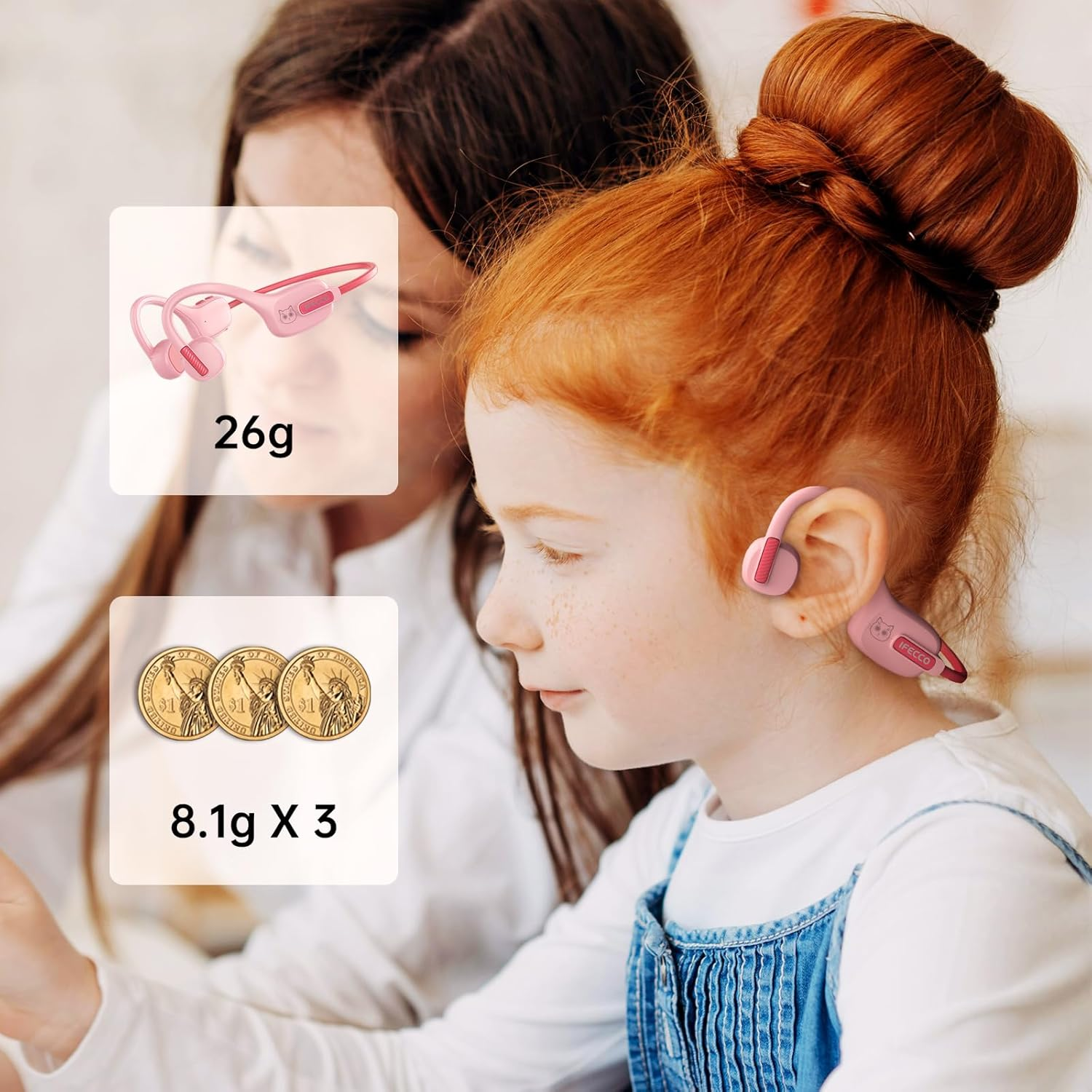 IFECCO Kids Open Ear Headphones - Kids Girls Bluetooth 5.3 Conduction Headphones with Mic,Ultra-Light,Ipx5 Waterproof and Safer for Children Wireless Headphones,Perfect for School Travel Gifts (Pink) image number 3