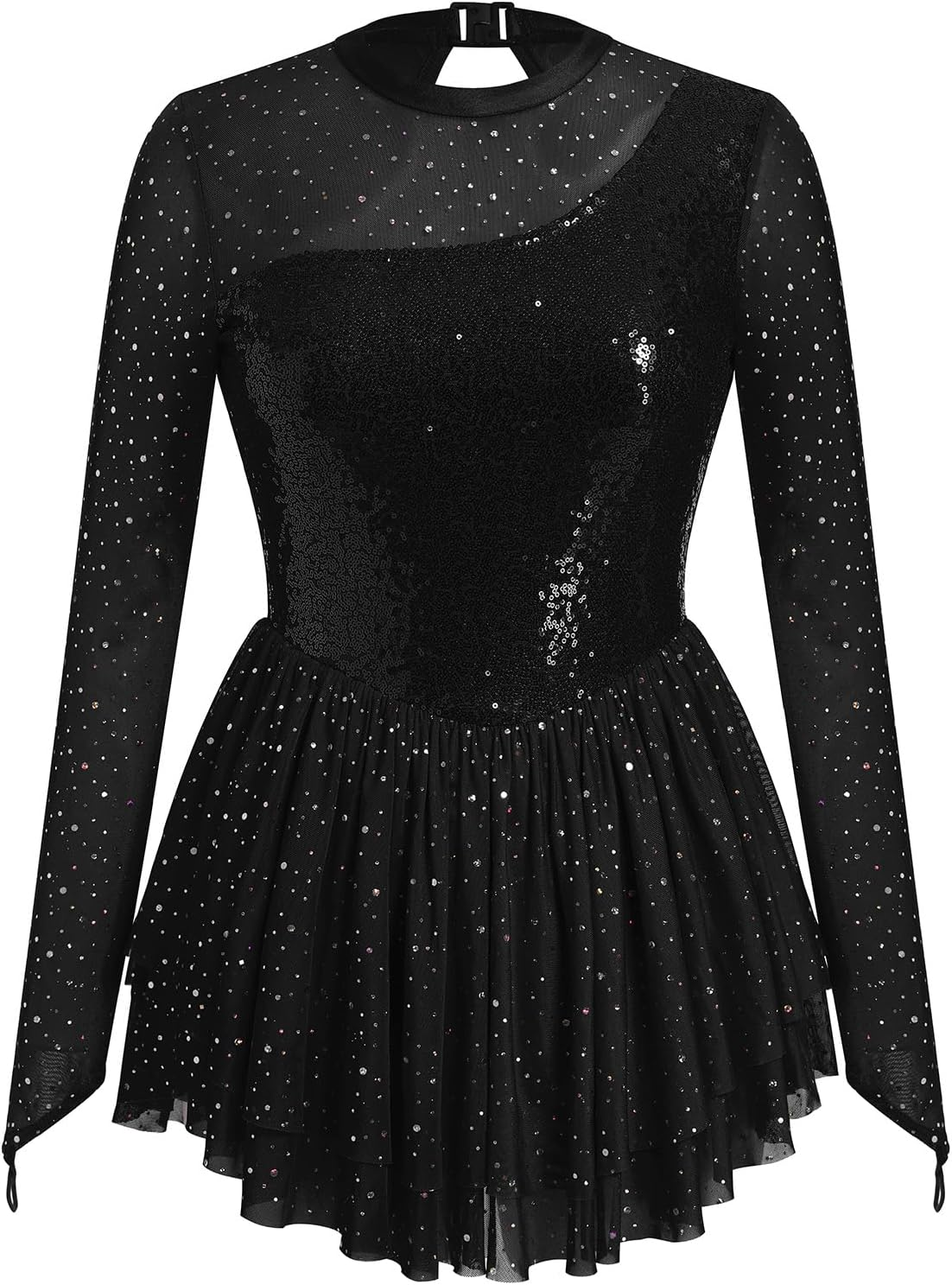 AFAVOM Sequin Figure Skating Dress for Women Long Sleeve Shiny Mesh Rhinestone Ice Skating Dress Ballet Lyrical Dancewear image number 6