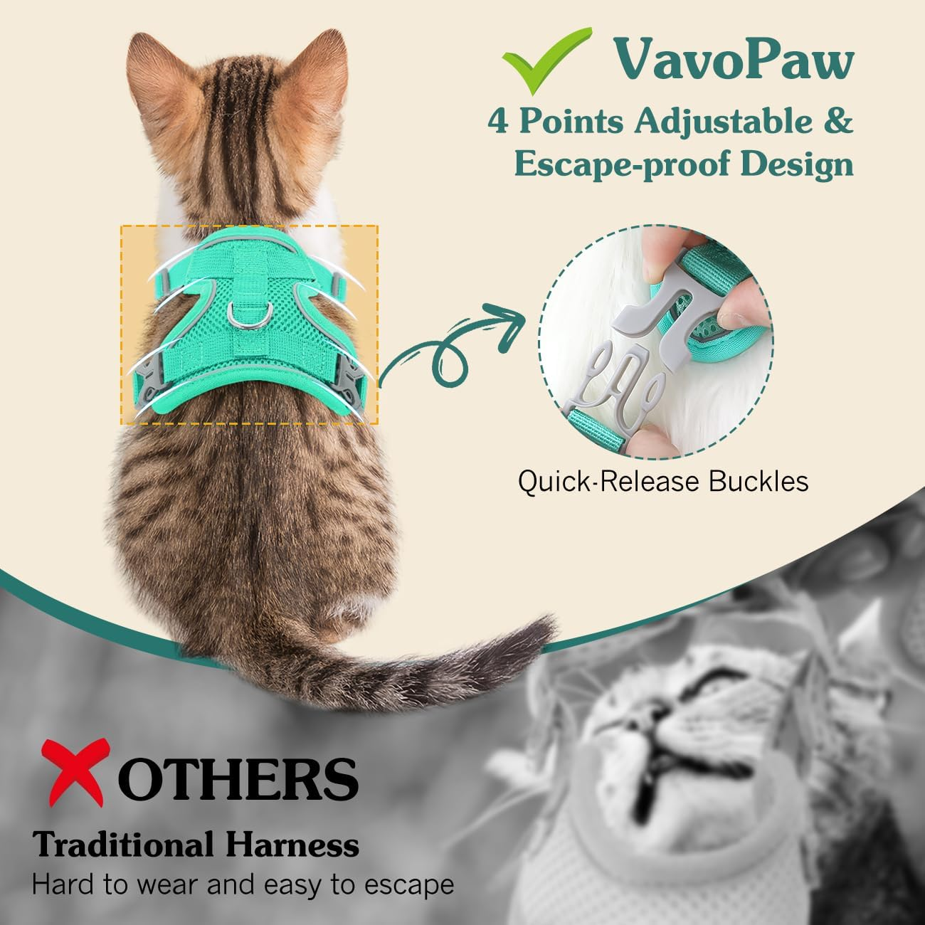 Vavopaw Cat Harness and Lead Set for Walks, Escape Proof Kitten Vest Harness with Reflective Strip, Adjustable Pet Safety Vest for Cats, Puppies, S, Blue