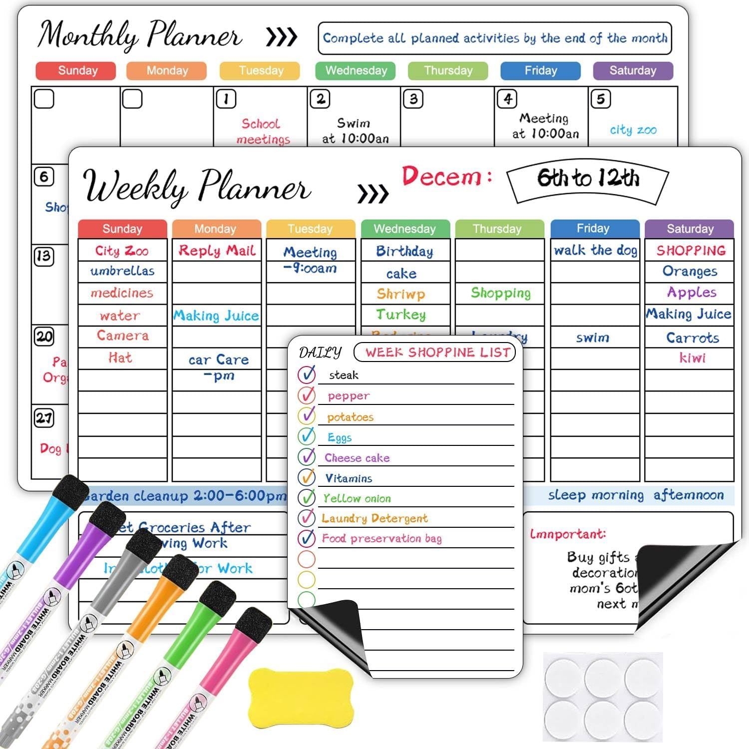 3Pcs Magnetic Dry Erase Calendar for Refrigerator - Daily, Weekly and Monthly Whiteboard Calendar for Fridge, No Stains or Ghosts - White Board Planner, 6 Magnetic Dry Erase Markers and Large Eraser - White image number 3