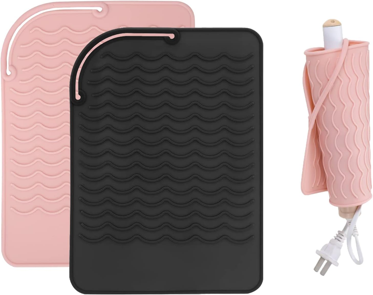 Heat Resistant Silicone Mat for Hair Tools - Pink Flat Iron Pad, Black Curling Iron Pad, Travel Portable Hot Tools Mat (1+1 Pack) image number 3