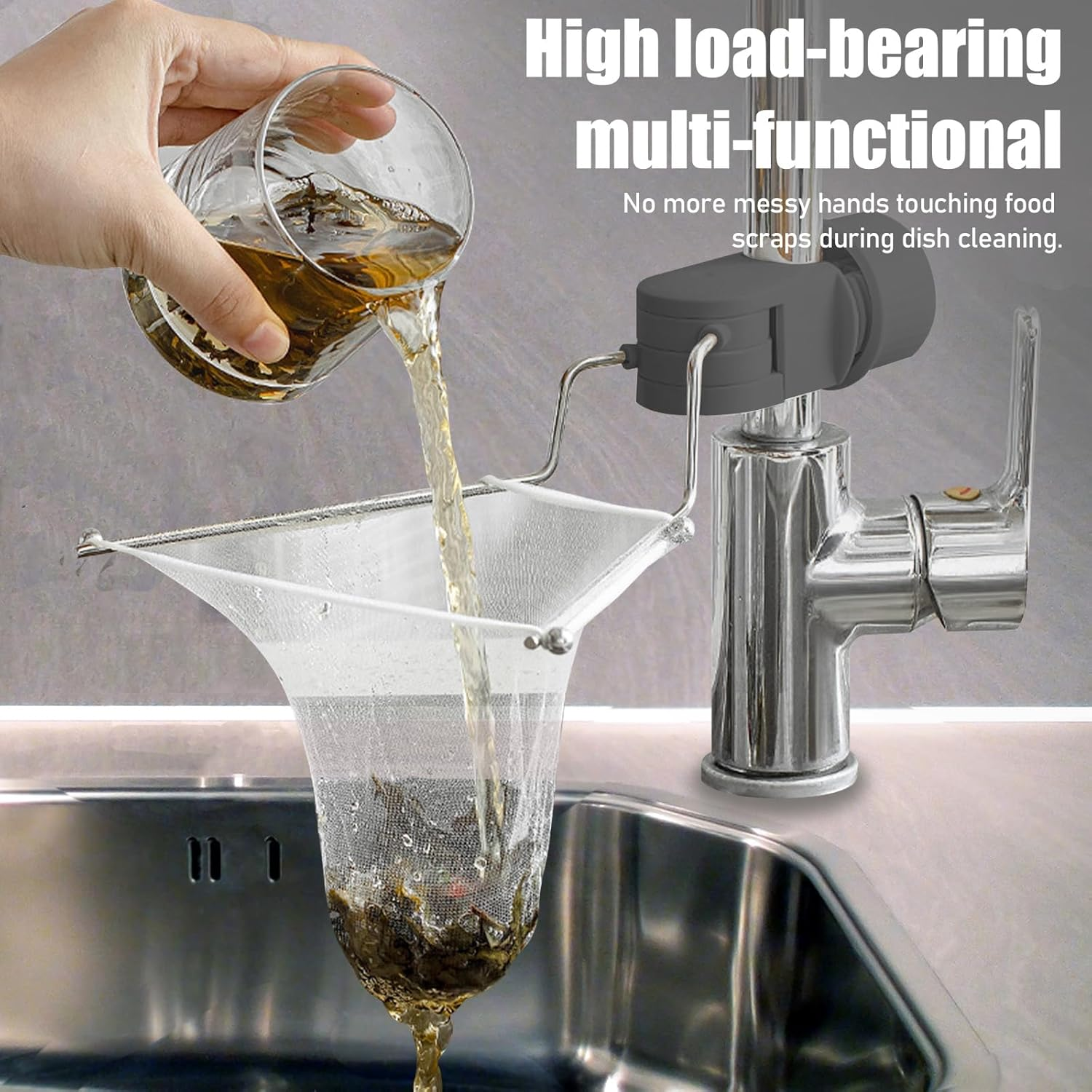 Yitexin Folding Kitchen Sink Drain Strainer Rack with 50 Filtering Net Bags, Stainless Steel Rotating over Faucet Sink Strainer Basket, Food Catcher Sink Strainer for Leftovers (Gray) image number 5