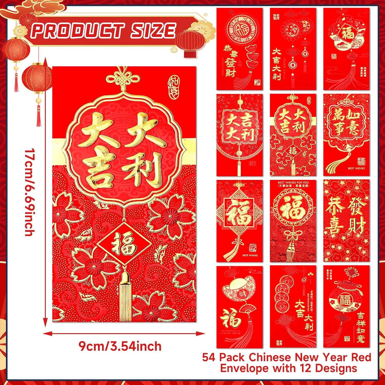 SEPGLITTER Chinese New Year Envelopes 2025, 54PCS Lunar New Year Red Envelopes for Spring Festival, 12 Styles Hong Bao Lucky Money Pockets with Gold Raised Foil image number 5