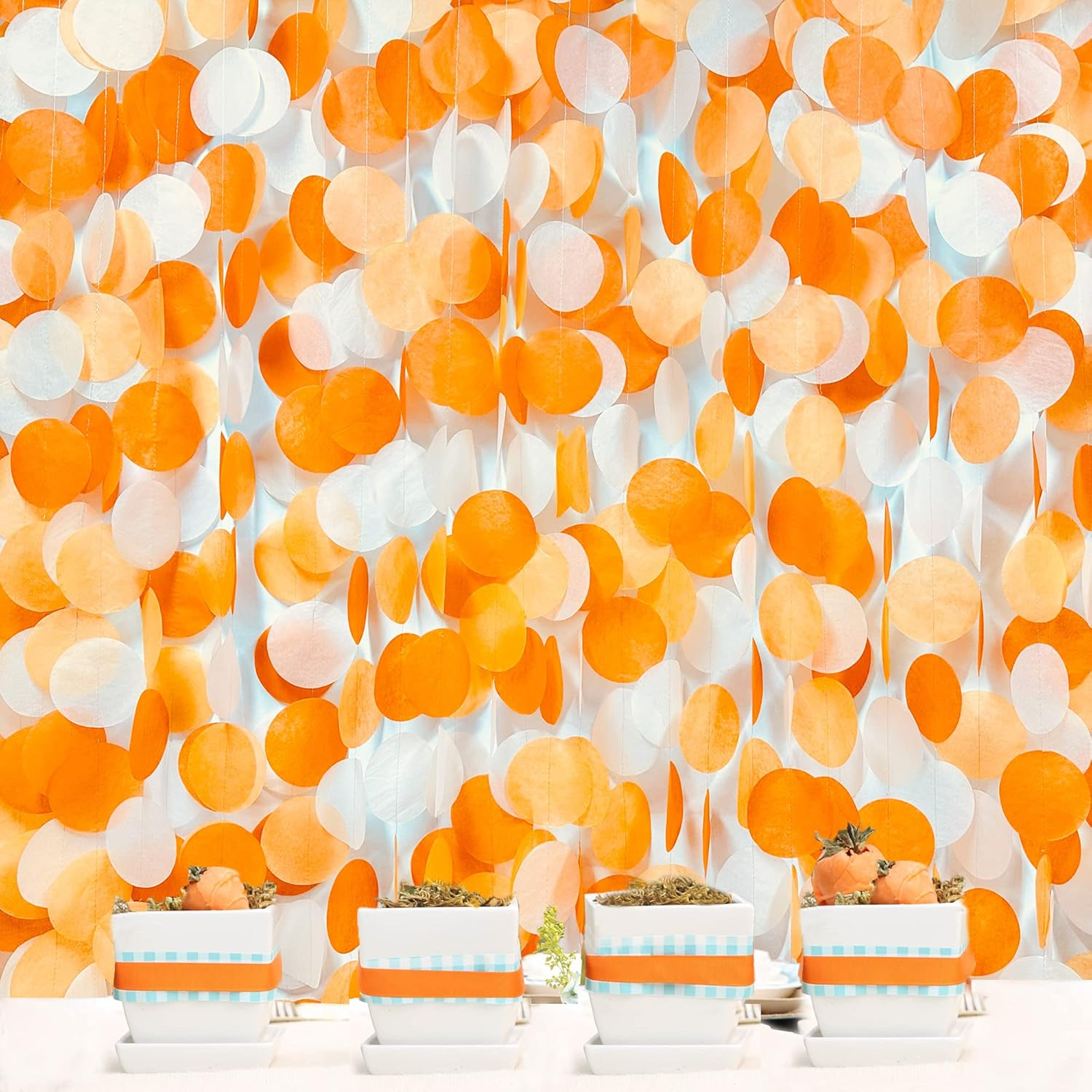 205 Ft Orange White Big Polka Dots Backdrop Garland Ombre Orange Tissue Paper Hanging Circle Dot Streamer for Birthday Baby Shower Wedding Fall Autumn Thanksgiving Harvest Party Decorations Supplies image number 6