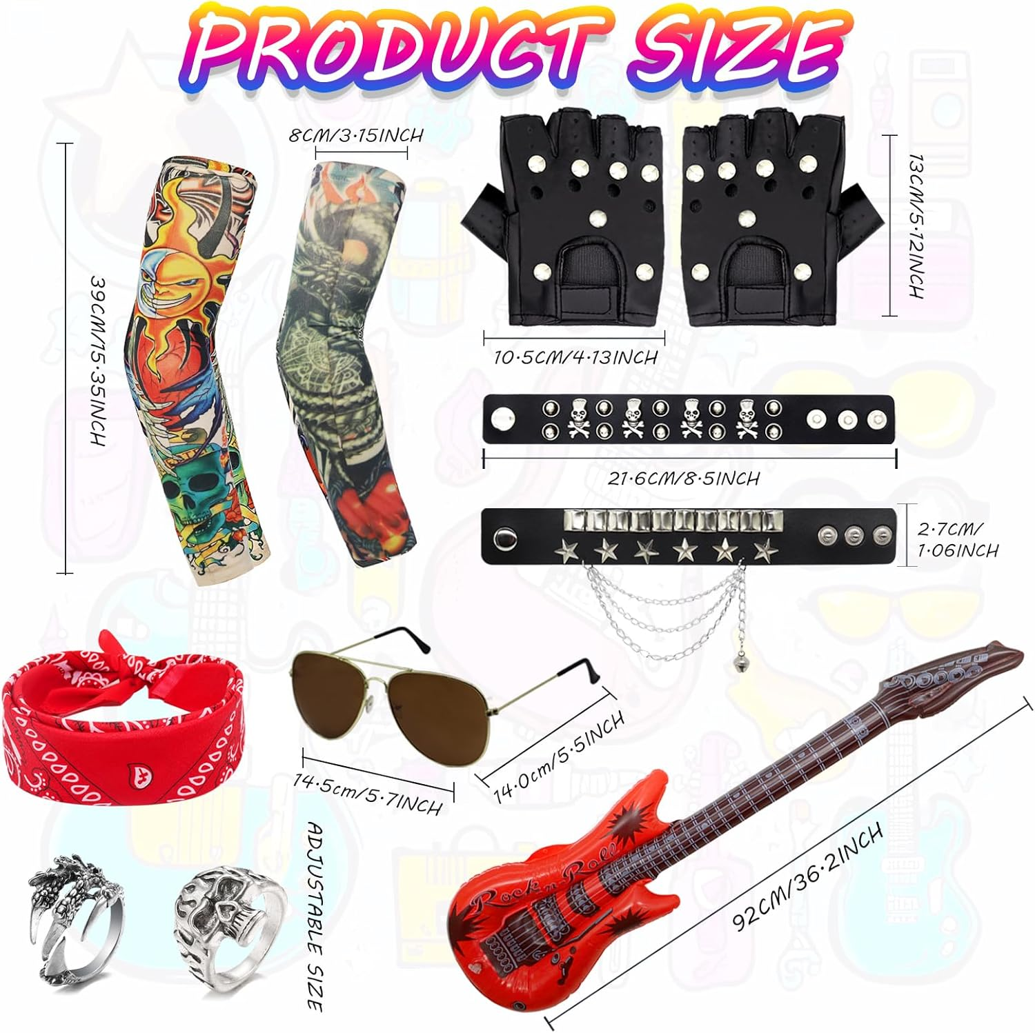 11Pcs Punk Gothic Rocker Costume Set, Rock Heavy Metal Accessories with Retro Sunglasses Gloves Bandana Fake Tattoo Sleeves Bracelet Rings Inflatable Guitar for Women Men Halloween 80S Disco Party image number 5