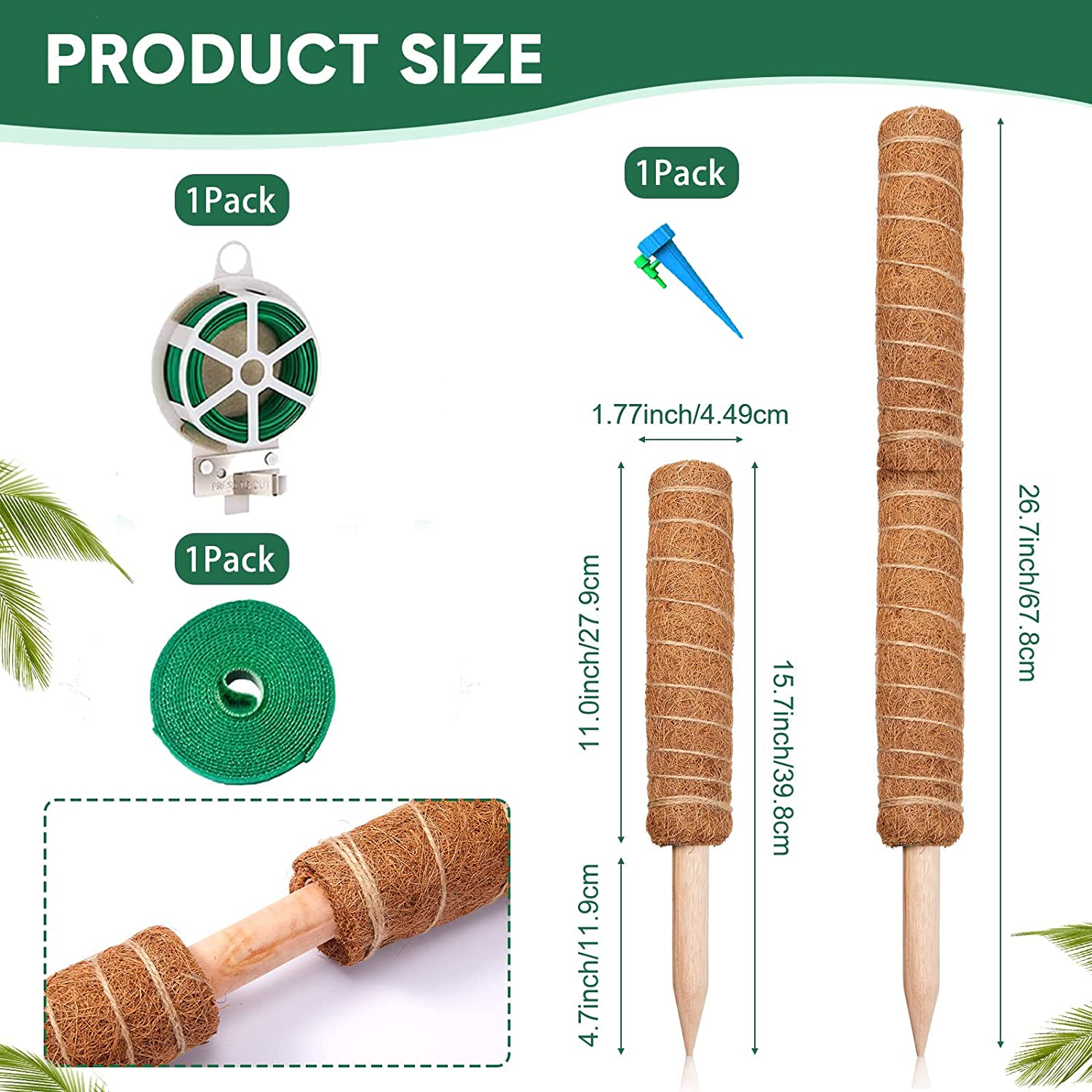 4 Pack Moss Pole for Plants Monstera, 15.7 Inch Plant Stakes Support Plant Coconut Silk Climbing Pole Coco Sticks with Garden Ties for Indoors Outdoor Plants Climbing Plants Growth (4 PCS) image number 5