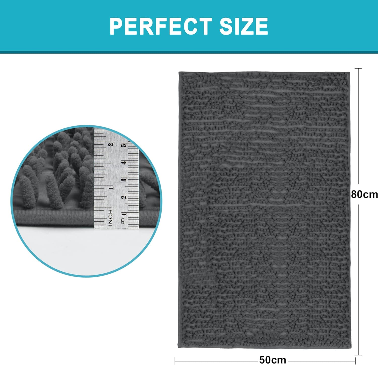 Bath Mat, GVTECH Chenille Non-Slip Back 50 X 80 CM Fleece Softness, Highly Absorbent, Bathroom Carpet, Super Soft Microfiber Bath Rug, Rectangle, Easy to Clean Mat (Grey) image number 3