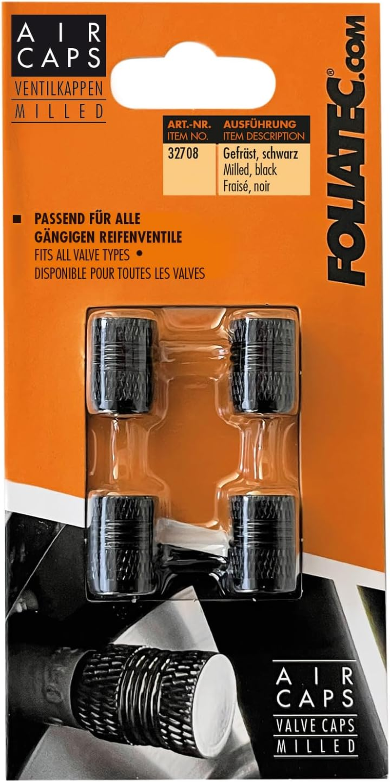 FOLIATEC AIRCAPS Milled Car Valve Caps Valve Cover Tyre Valve Caps for 4 Wheels, Black image number 1