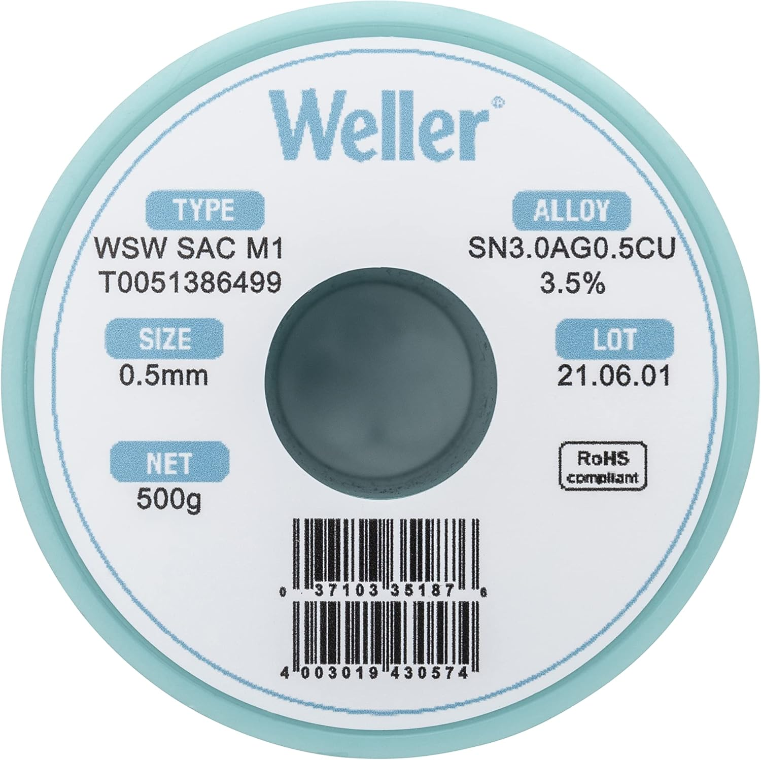 Weller WSW SAC M1 (T0051388299) Solder Wire, Dia: 0.5 Mm / 0.020 In, Wt: 100 G / 3.527 Oz, Alloy Sn96.5Ag3.0Cu0.5, Flux Content 3.5% image number 6
