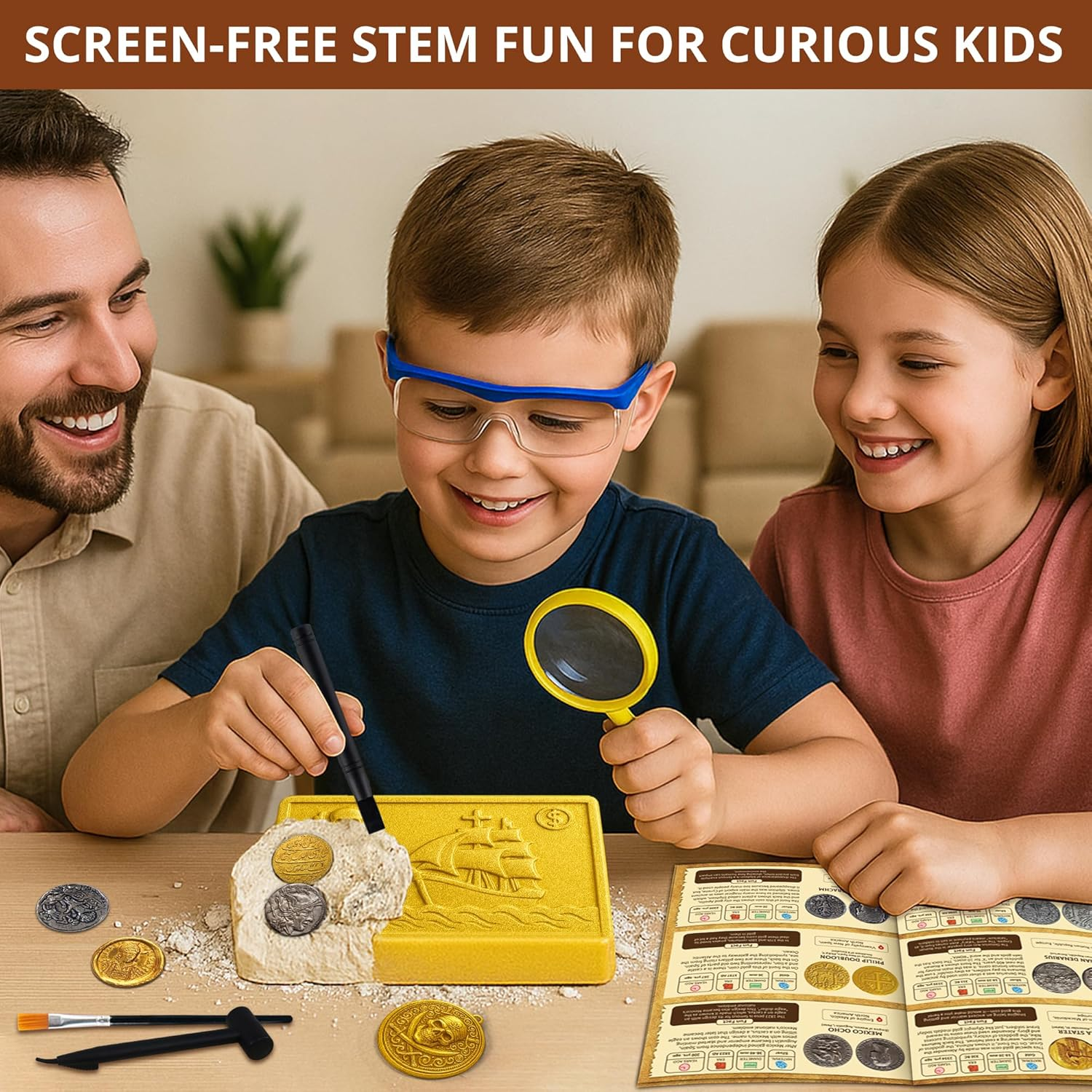 PIBEX Pirate Treasure Coins Dig Kit &ndash; Dig & Collect 16+ Ancient Metal Coin Replicas, Fool&rsquo;S Gold & Pirate Charms &ndash; STEM Archaeology & Necklace Making Kit, Coin Collecting Gift Toy for Kids Ages 6+ image number 5