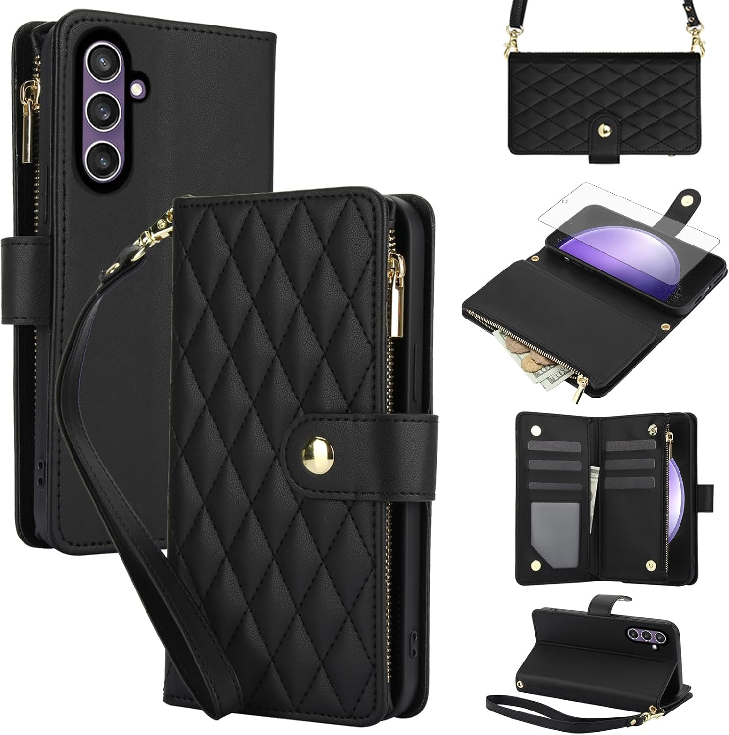 Asuwish Mobile Phone Case for Samsung Galaxy S23 FE 5G Case with Strap Film Protective Film Card Slot Foldable Leather Wallet Stand S 23 S23FE 23FE Mobile Phone Cases Protective Mobile Phone Case Dark