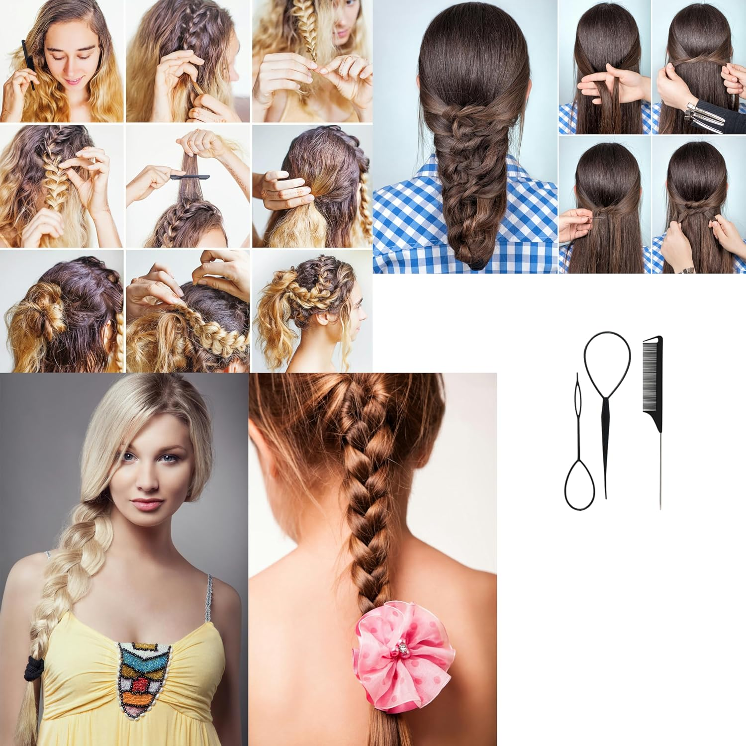 3 Piece Hair Braiding Tool Kit Professional Hair Styling Set for Perfect Braids, Includes Hook, Comb, Clips, and Accessories Ideal for Beginners and Expert (Black) - Blue image number 7