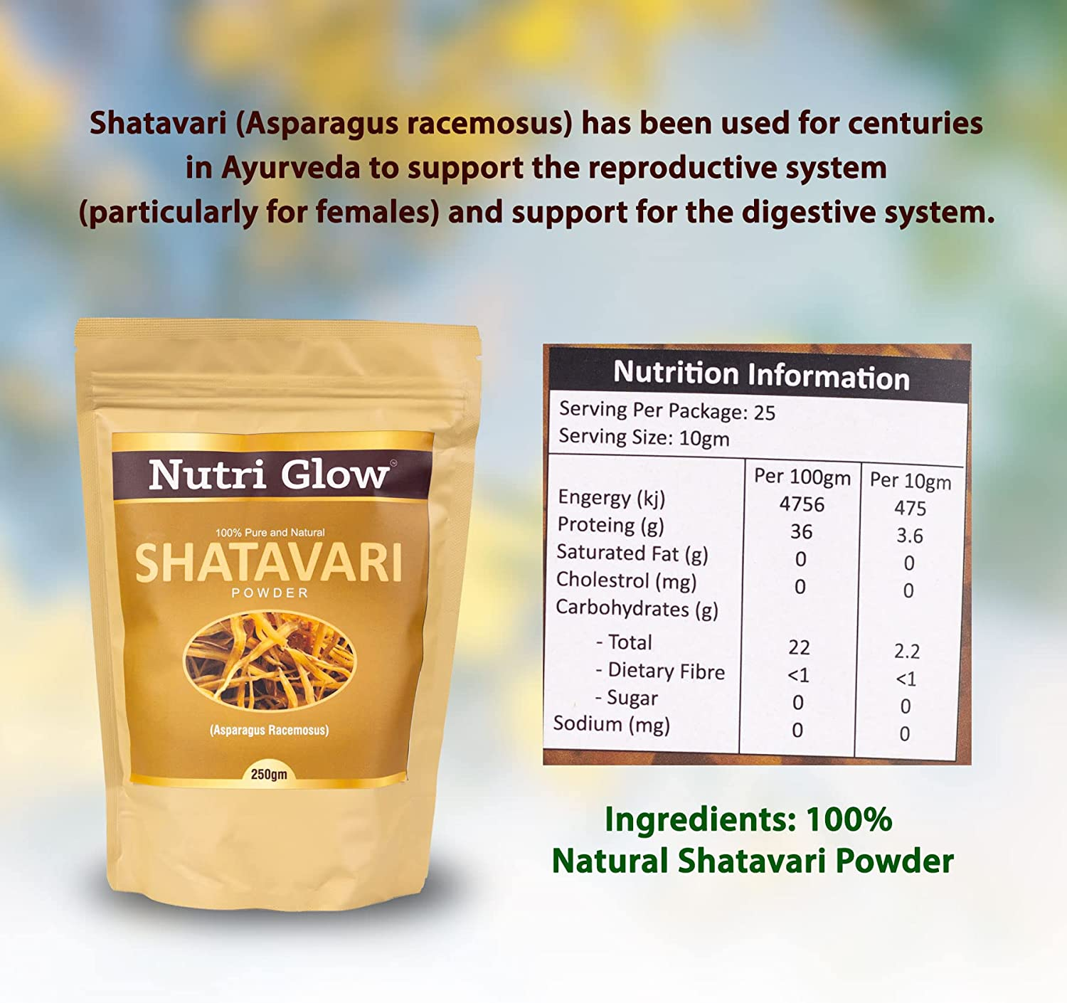 Nutri Glow | Shatavari Powder | 8.81 Oz (250 G) | Asparagus Racemosus | Herb for Vitality Improve Physical Strength | Balances Female Hormones | Vegan | Ayurveda | Non GMO | Potent Ayurvedic Herb | Resealable Air Tight image number 2